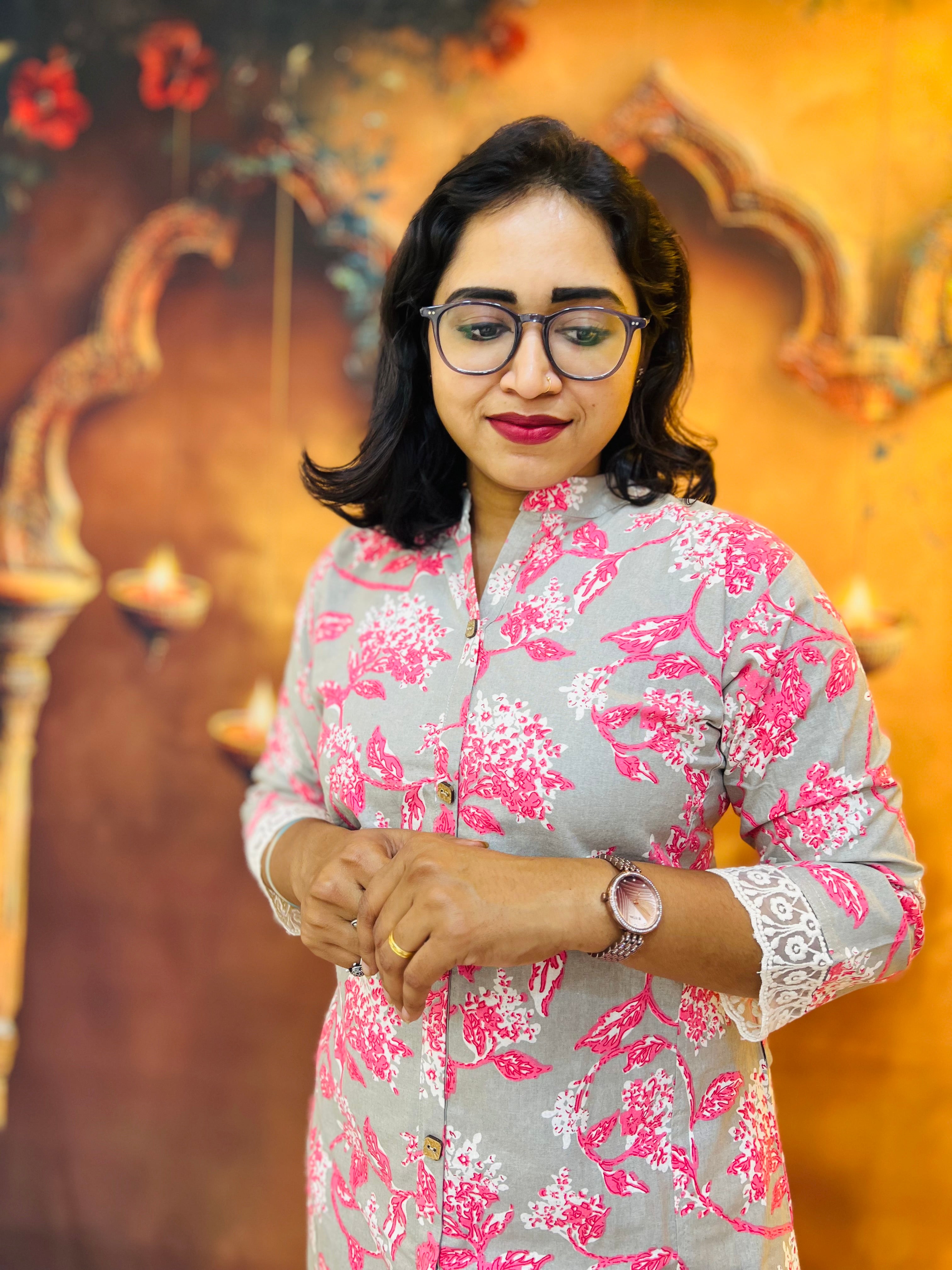 Grey Bloom Cotton Kadhi Kurti