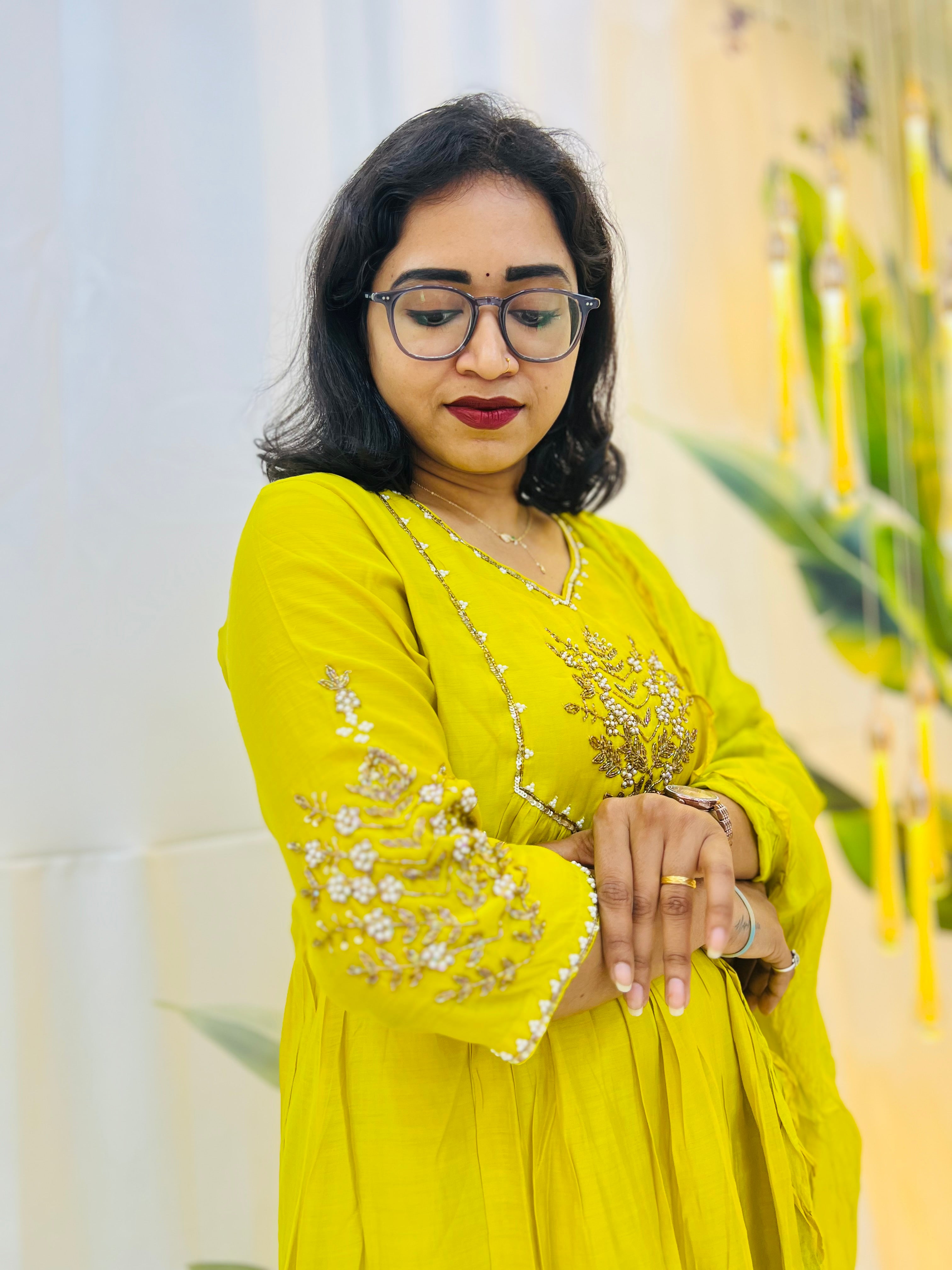 Sunshine Yellow A-Line Dress with Elegant Handwork ☀️✨