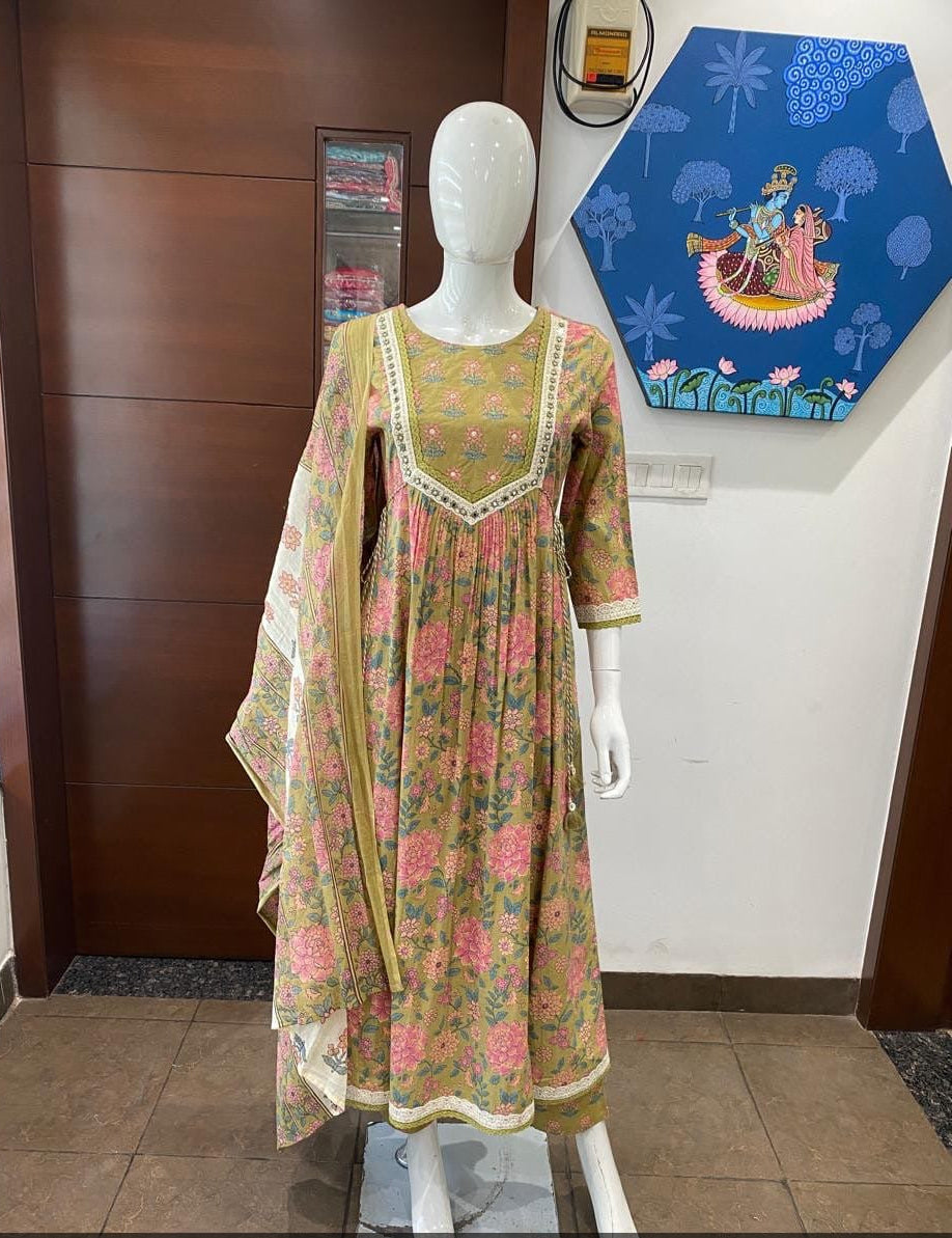Mustard Yellow Floral Printed Kurta Set with Contrast Dupatta