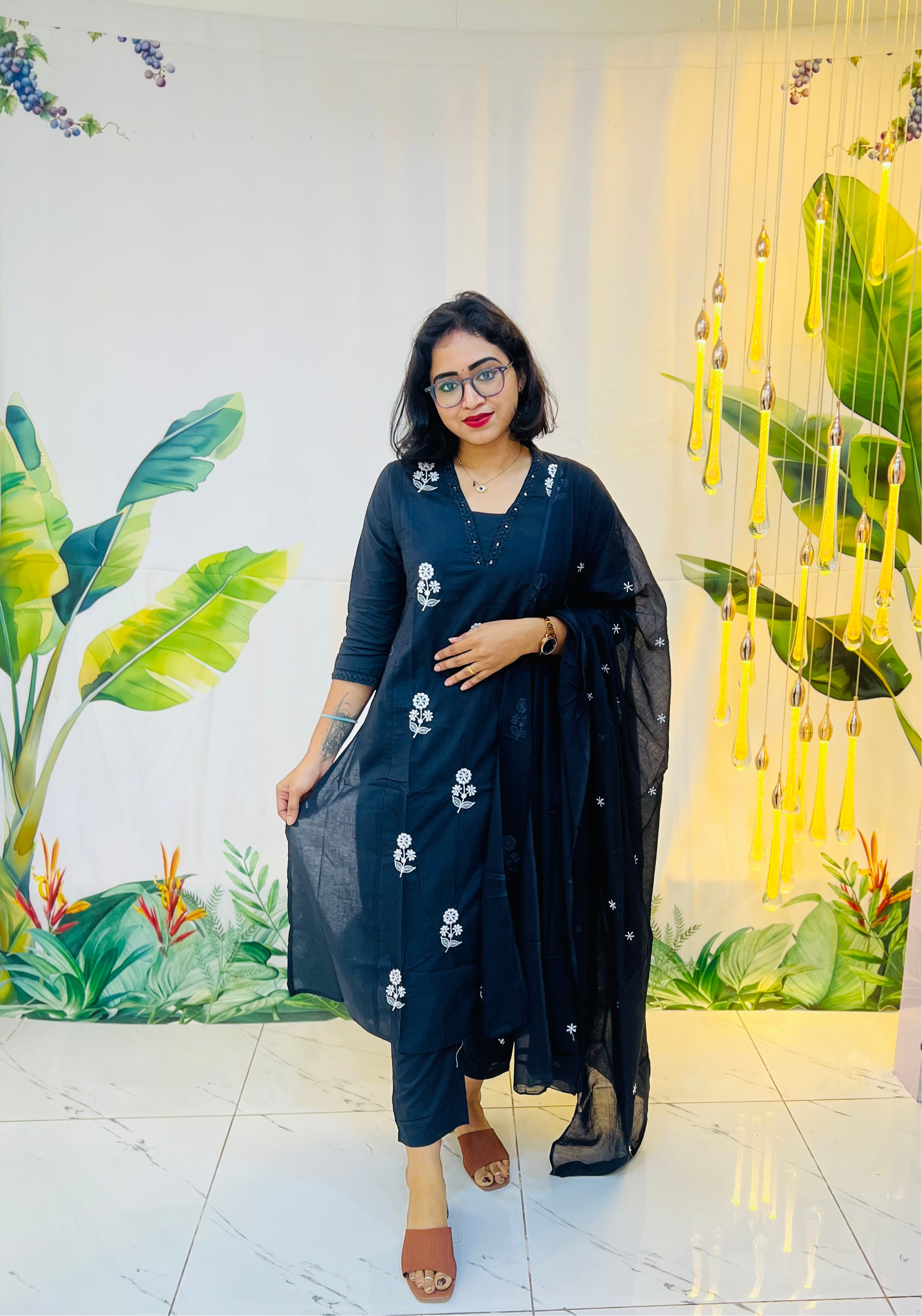 Black Cotton Floral Embroidery Dress