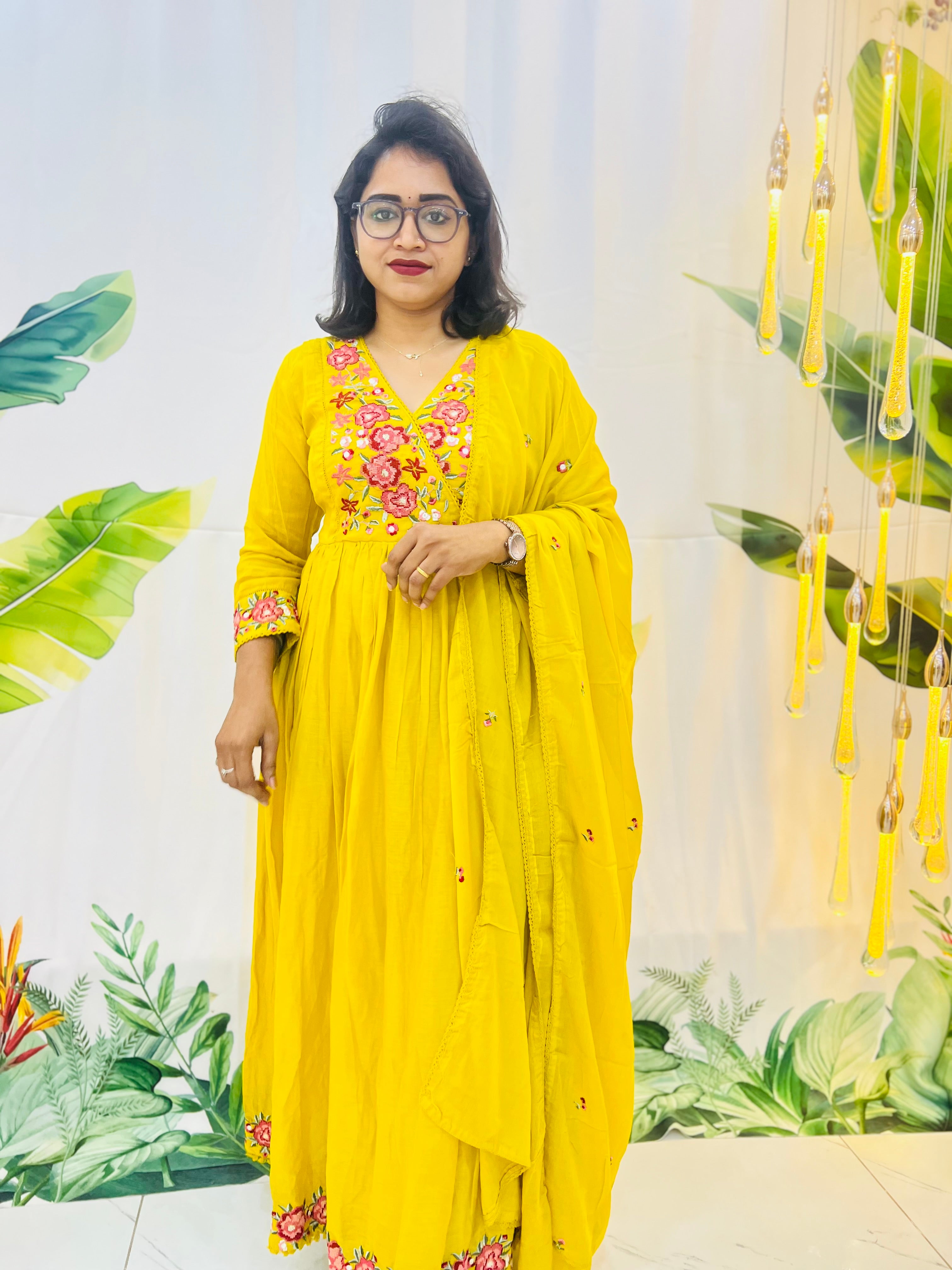 Mustard Yellow Mul Cotton Anarkali with Floral Hand Embroidery 🌼✨