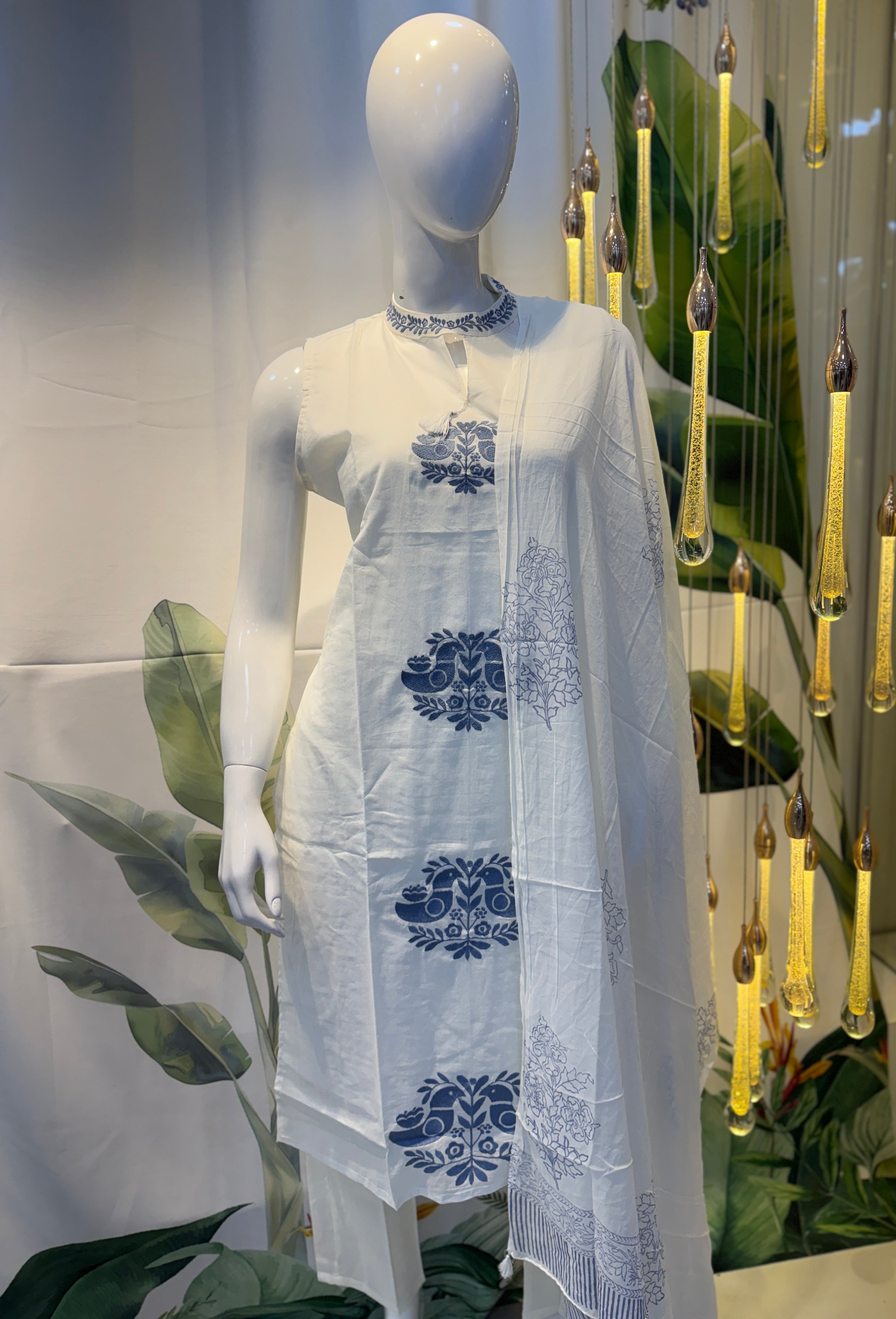 White & Indigo Handblock Printed Cotton Kurta Set