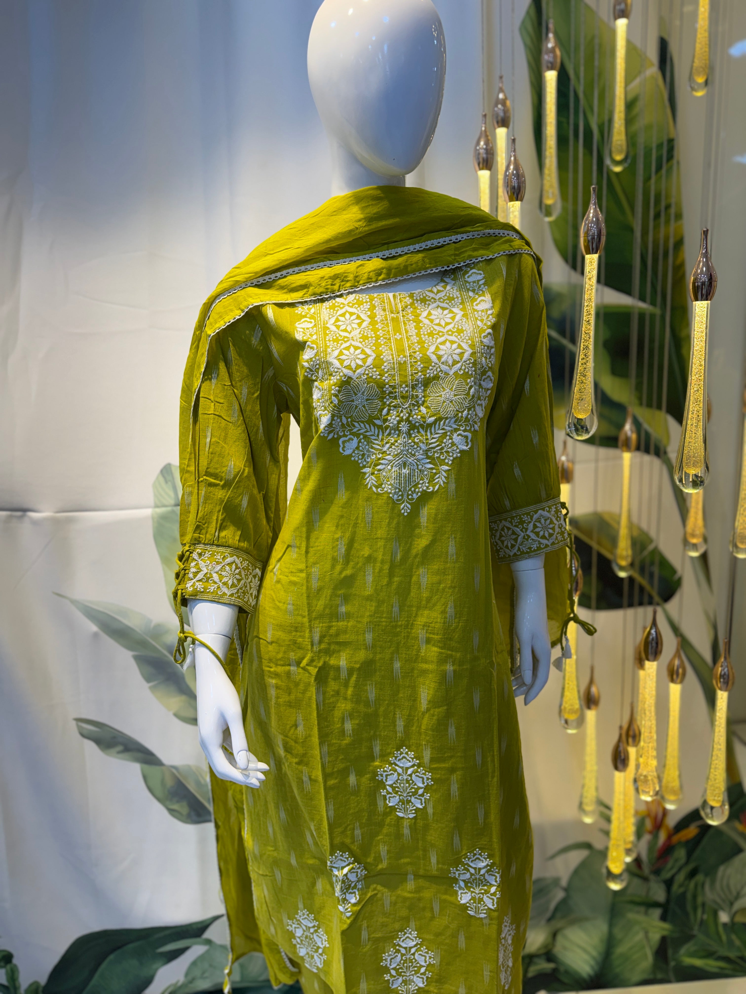 Lime Green Embroidered Cotton Kurta Set