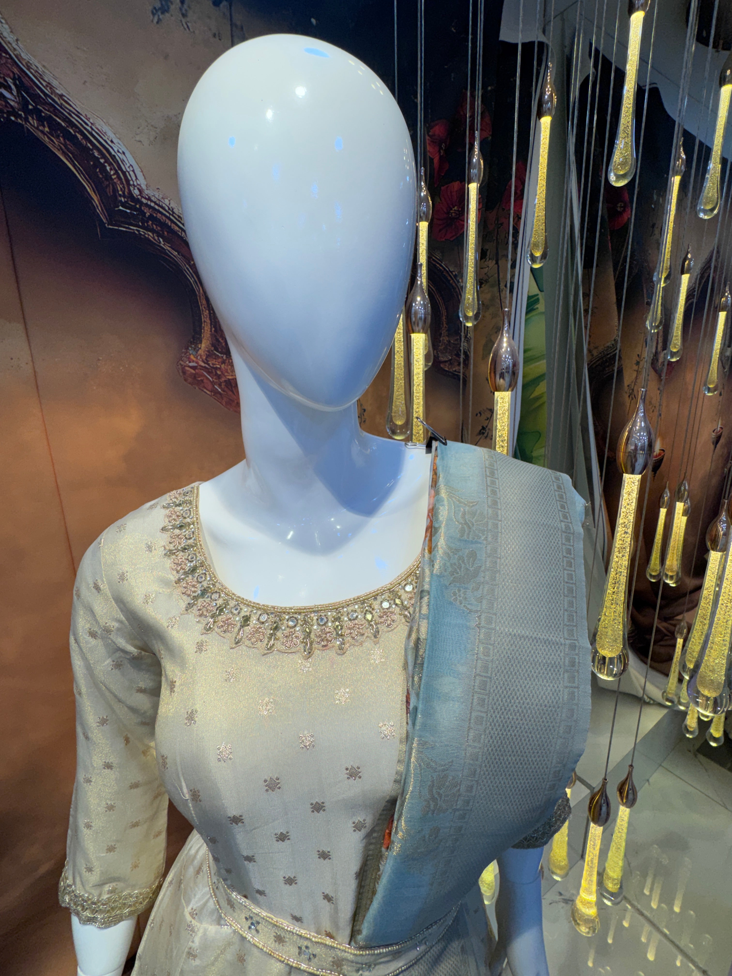 Regal Ivory Anarkali with Sky Blue Dupatta