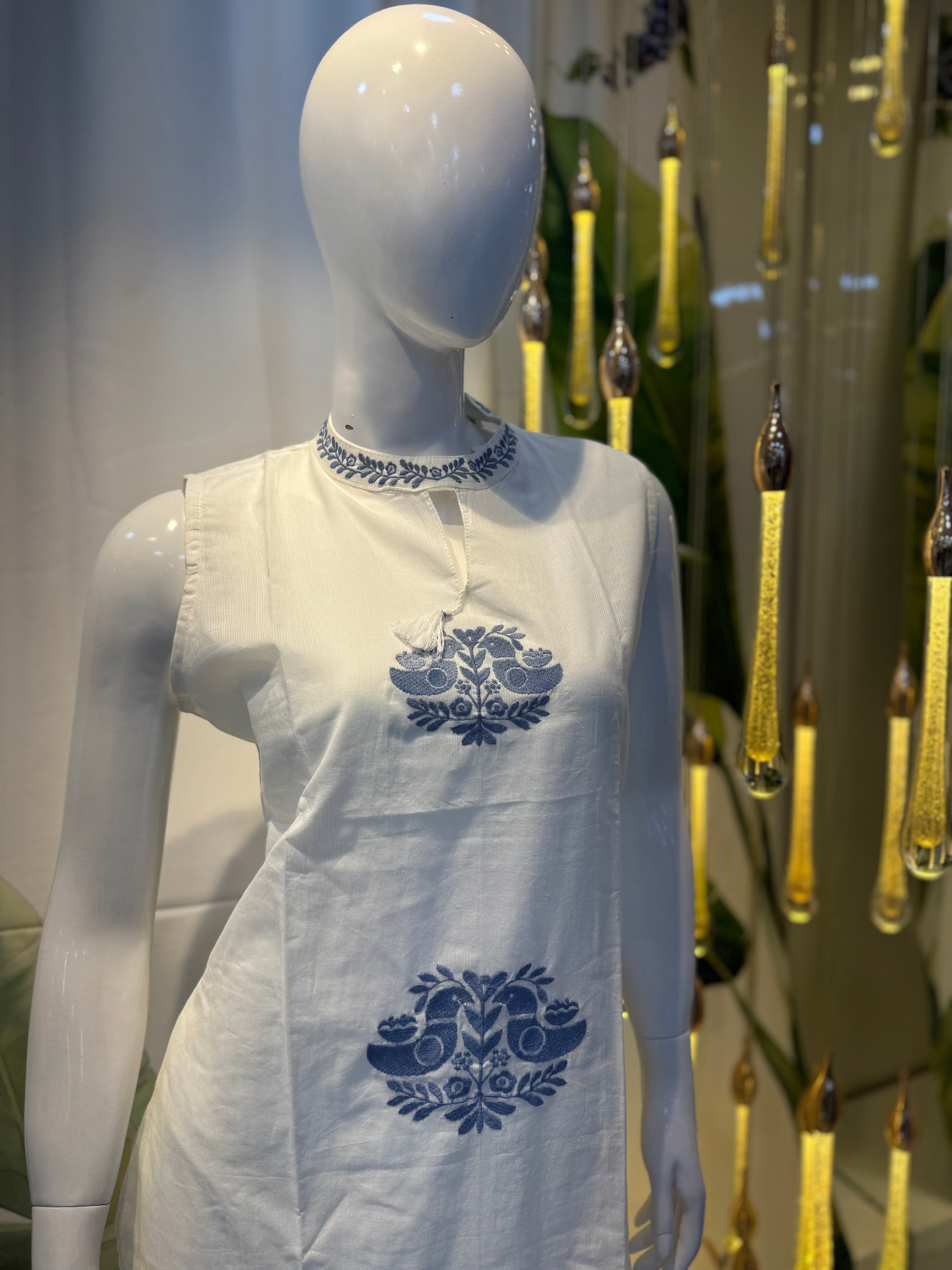 White & Indigo Handblock Printed Cotton Kurta Set