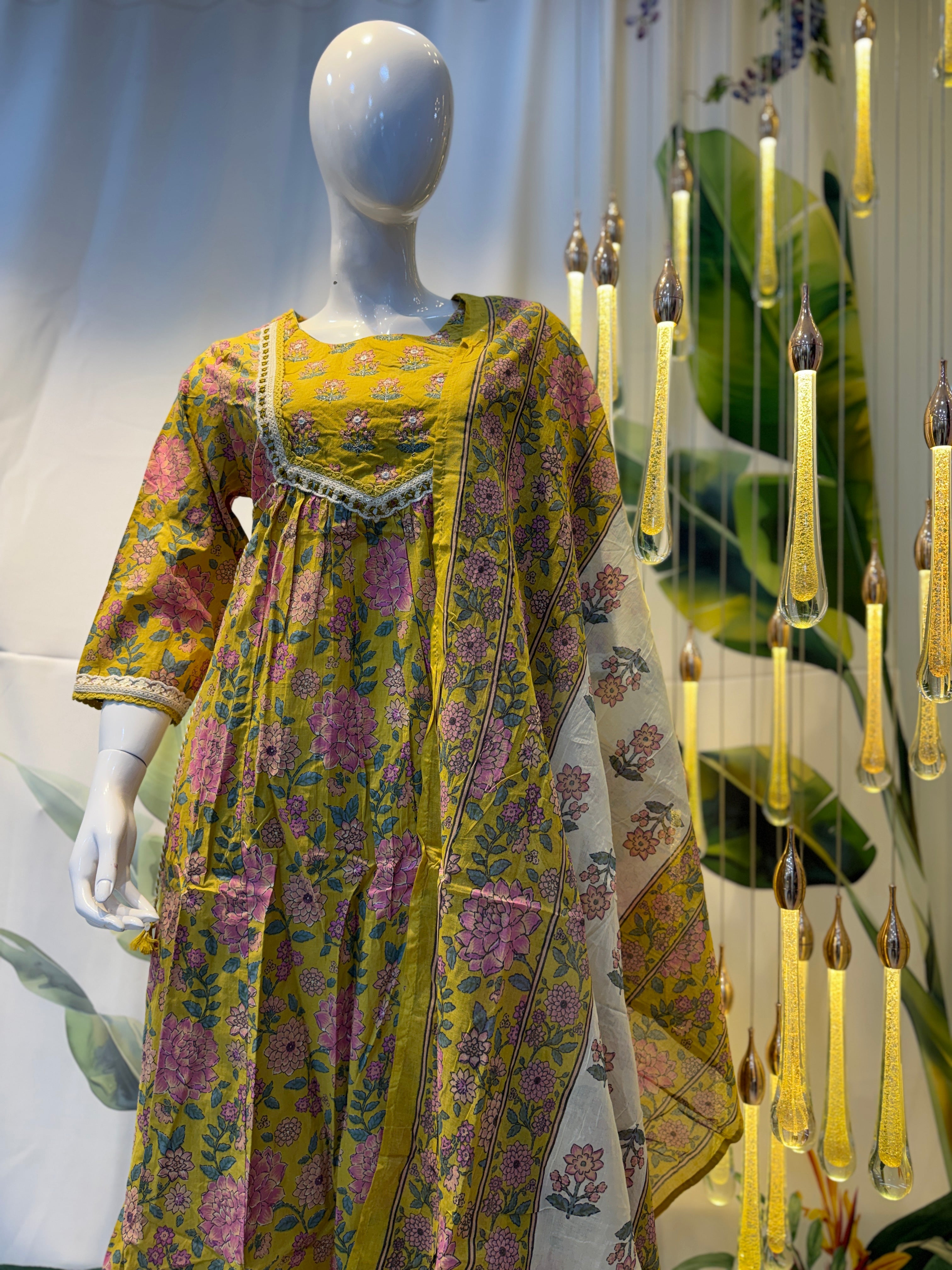 Mustard Yellow Floral Printed Kurta Set with Contrast Dupatta