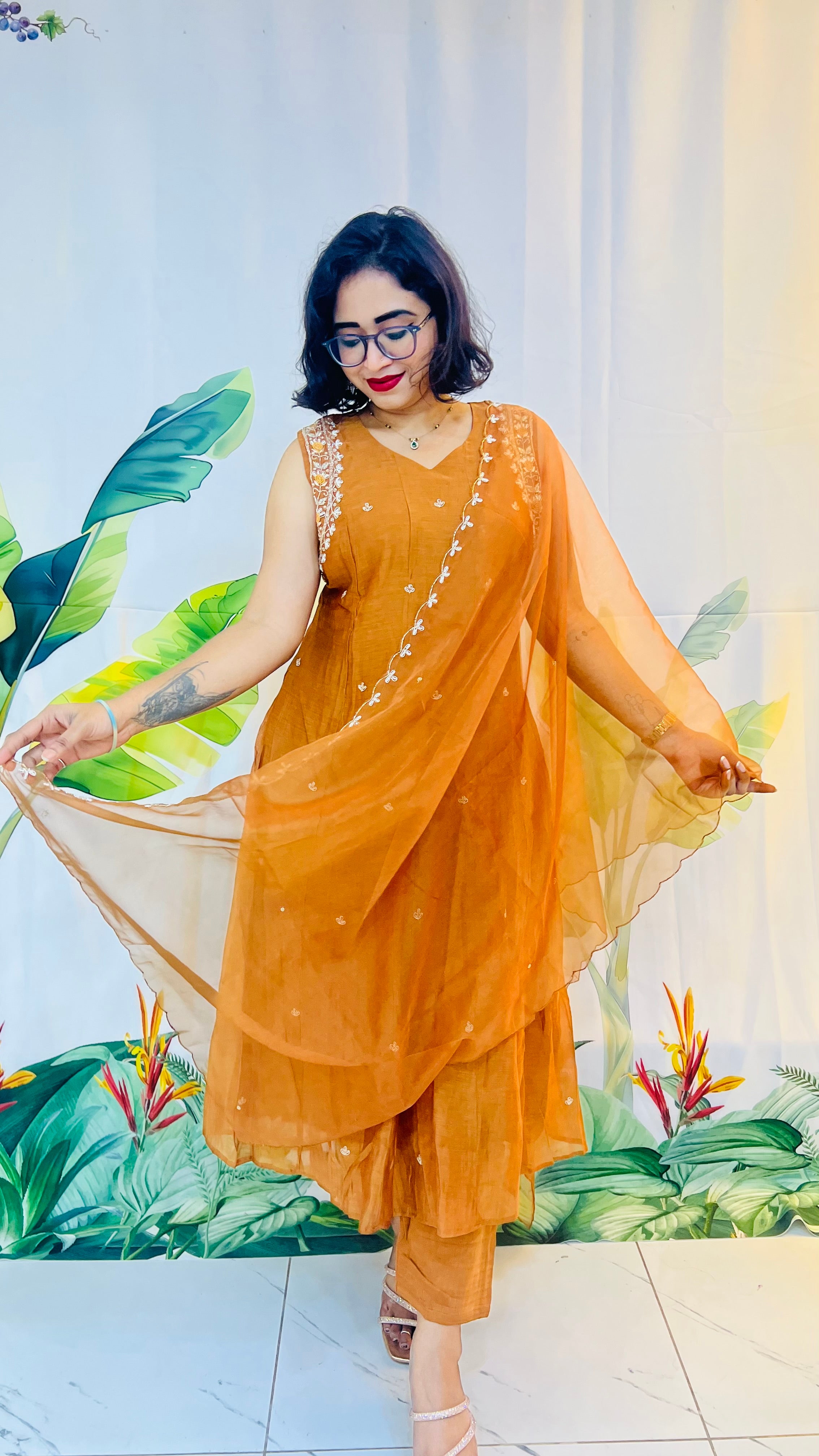 Golden Hour Glow: The Sleeveless Rust-Orange Kurta Set