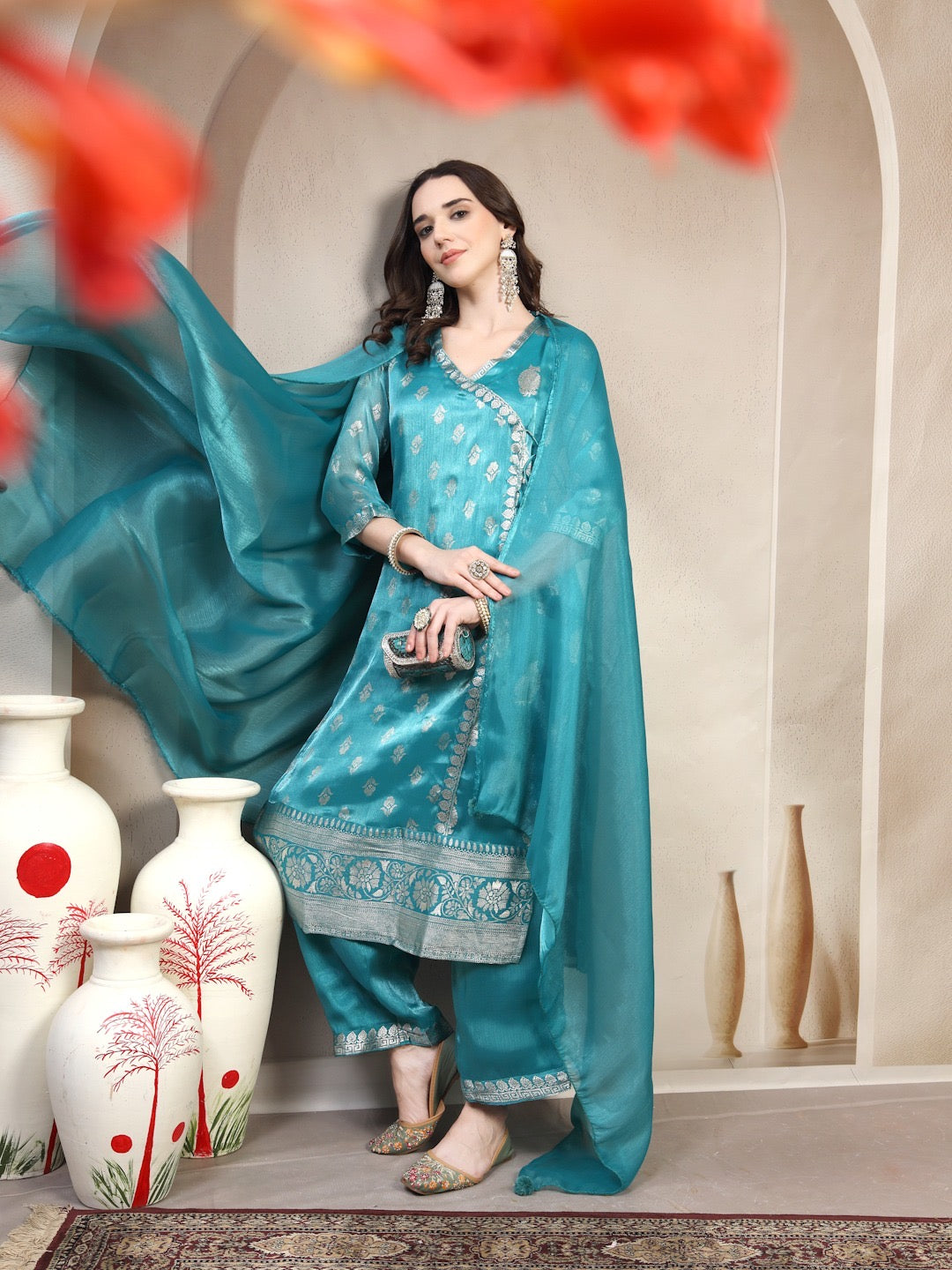 Teal Silk Brocade Suit Set with Dupatta