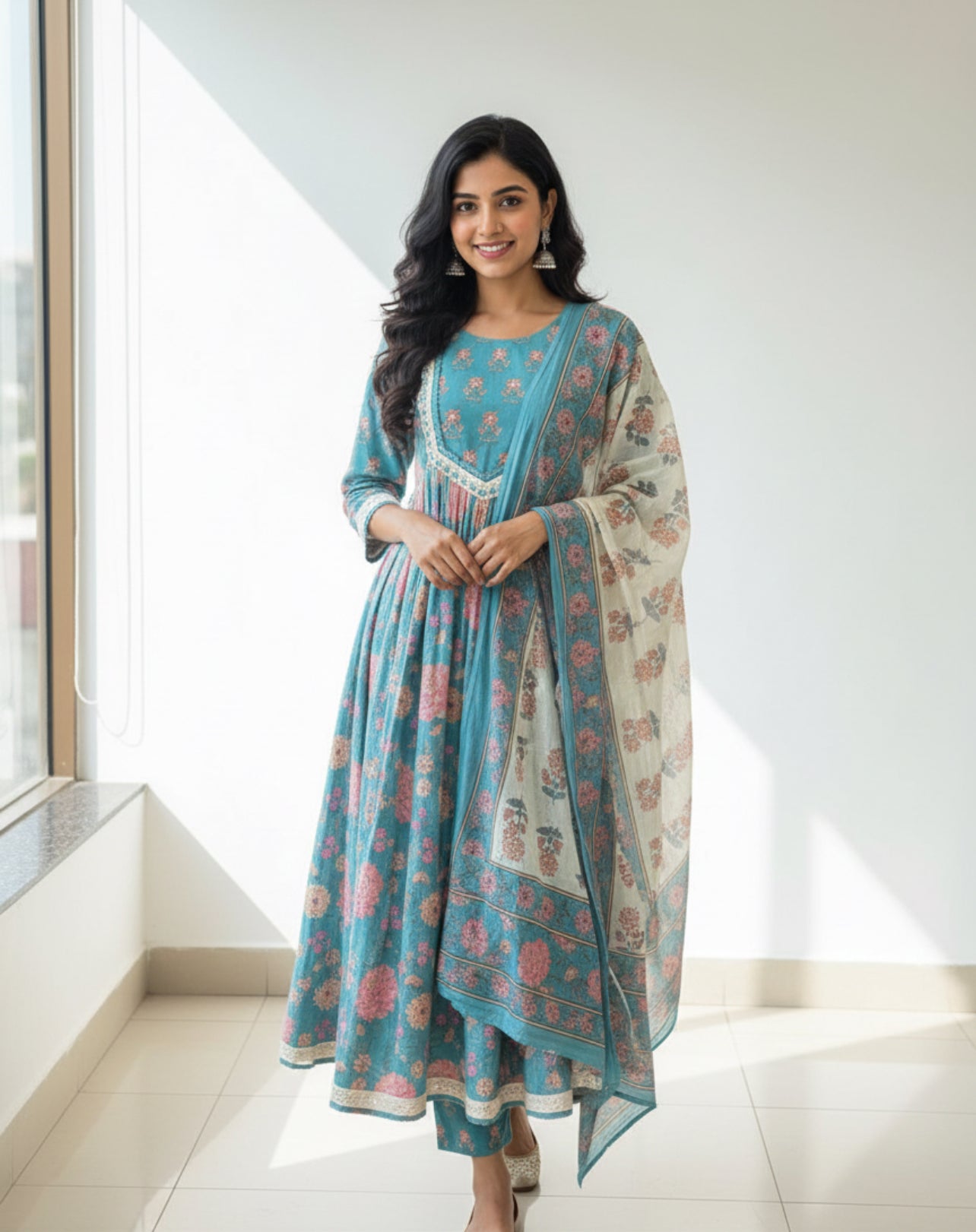 Blue Floral Printed Kurta Set with Contrast Dupatta