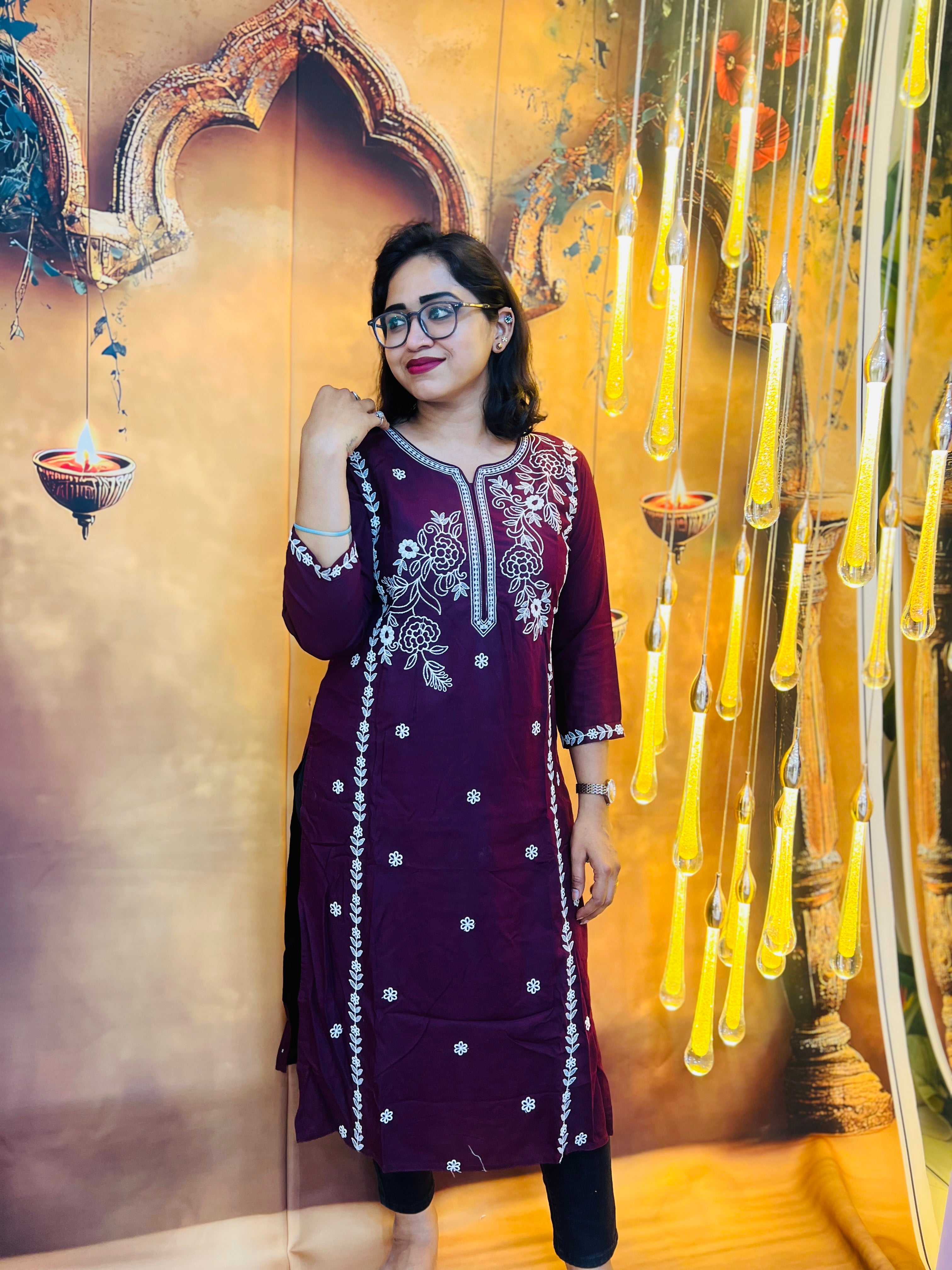 Dark Purple Floral Embroidered Kurti