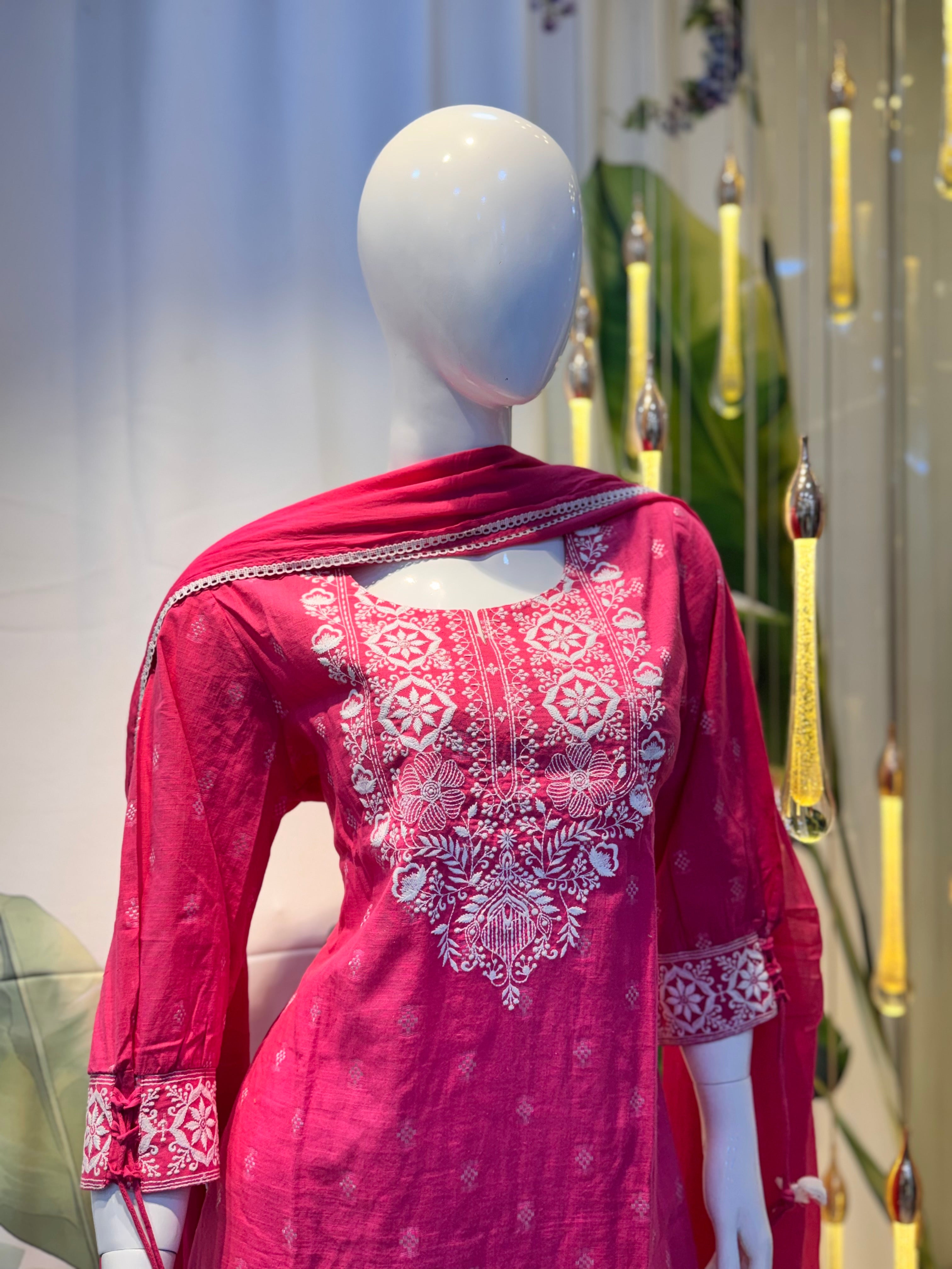 Fuchsia Embroidered Kurti Set with Dupatta