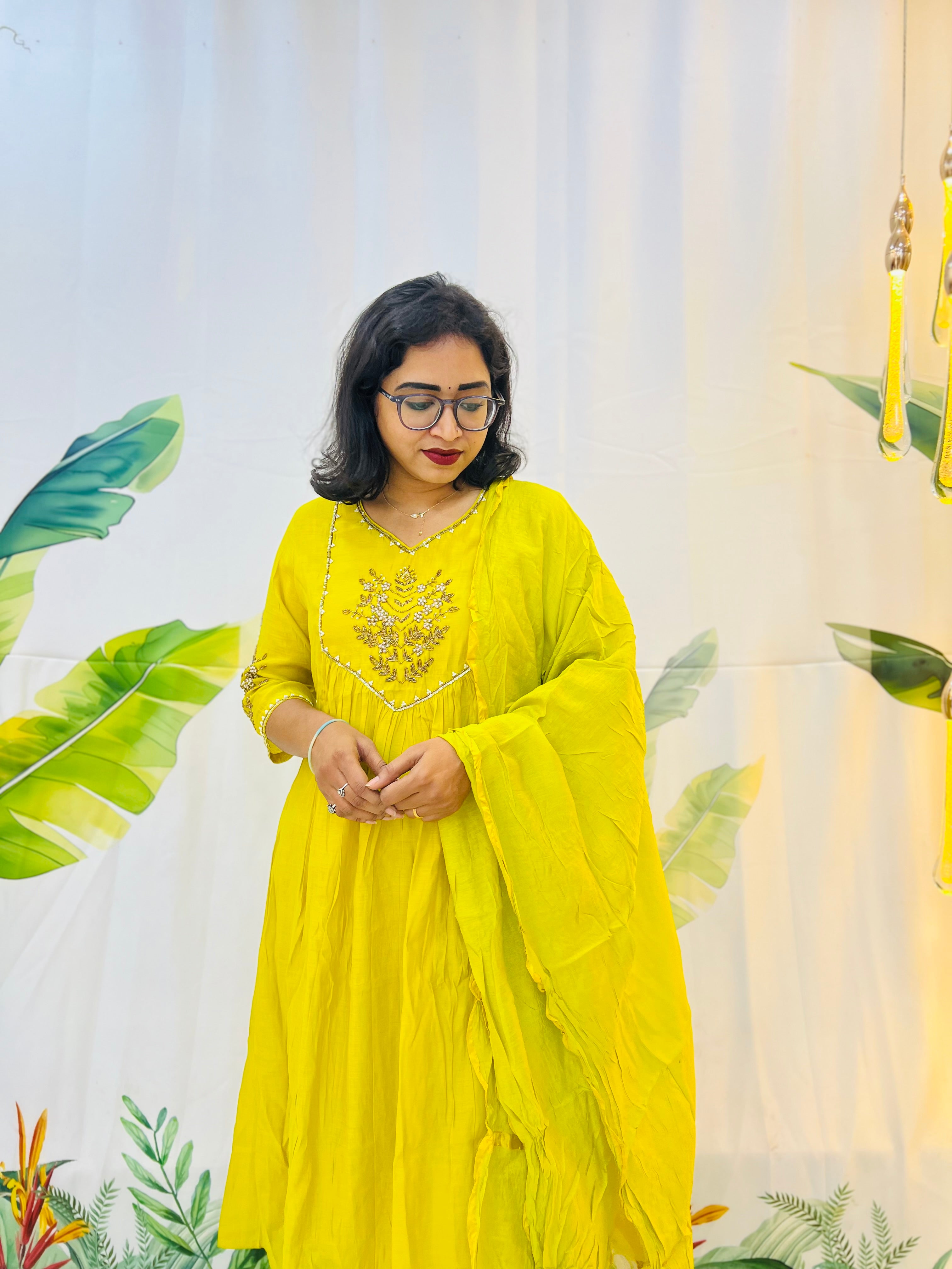 Sunshine Yellow A-Line Dress with Elegant Handwork ☀️✨