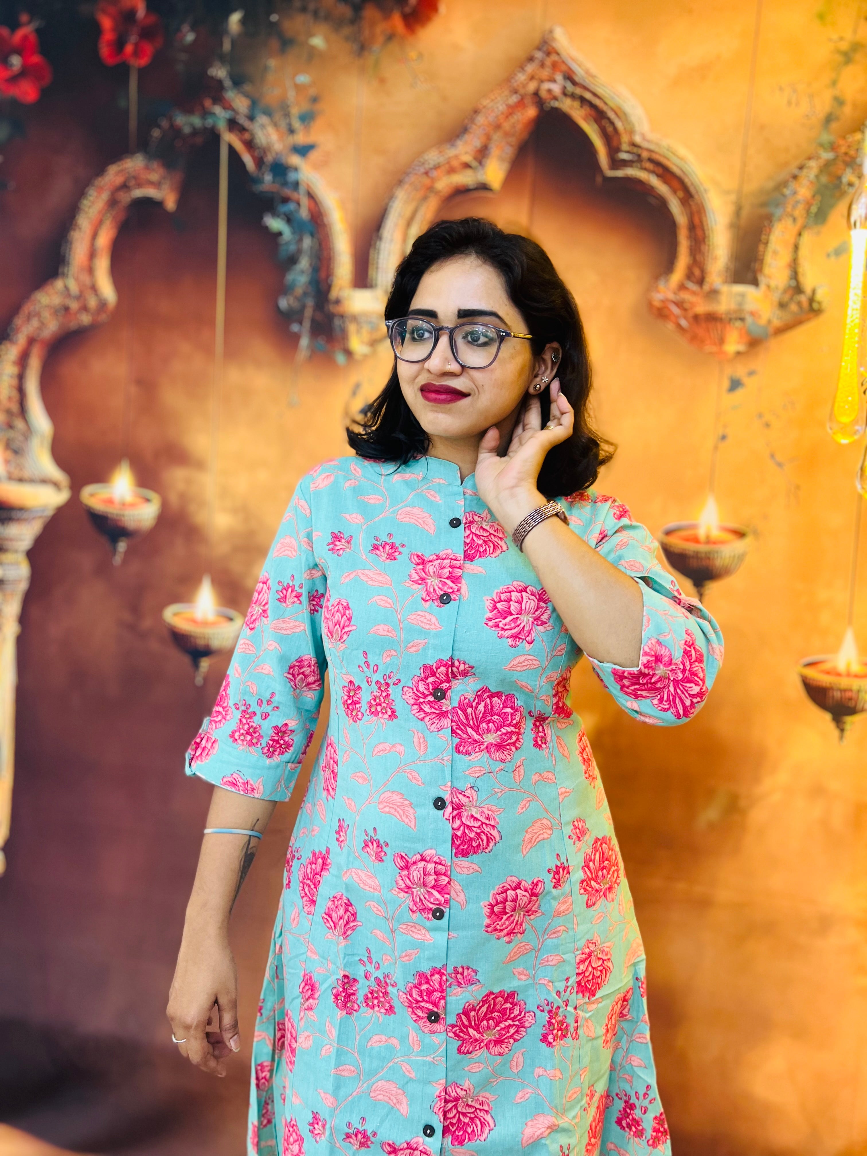 Aqua Bloom Cotton Kurti 🌺
