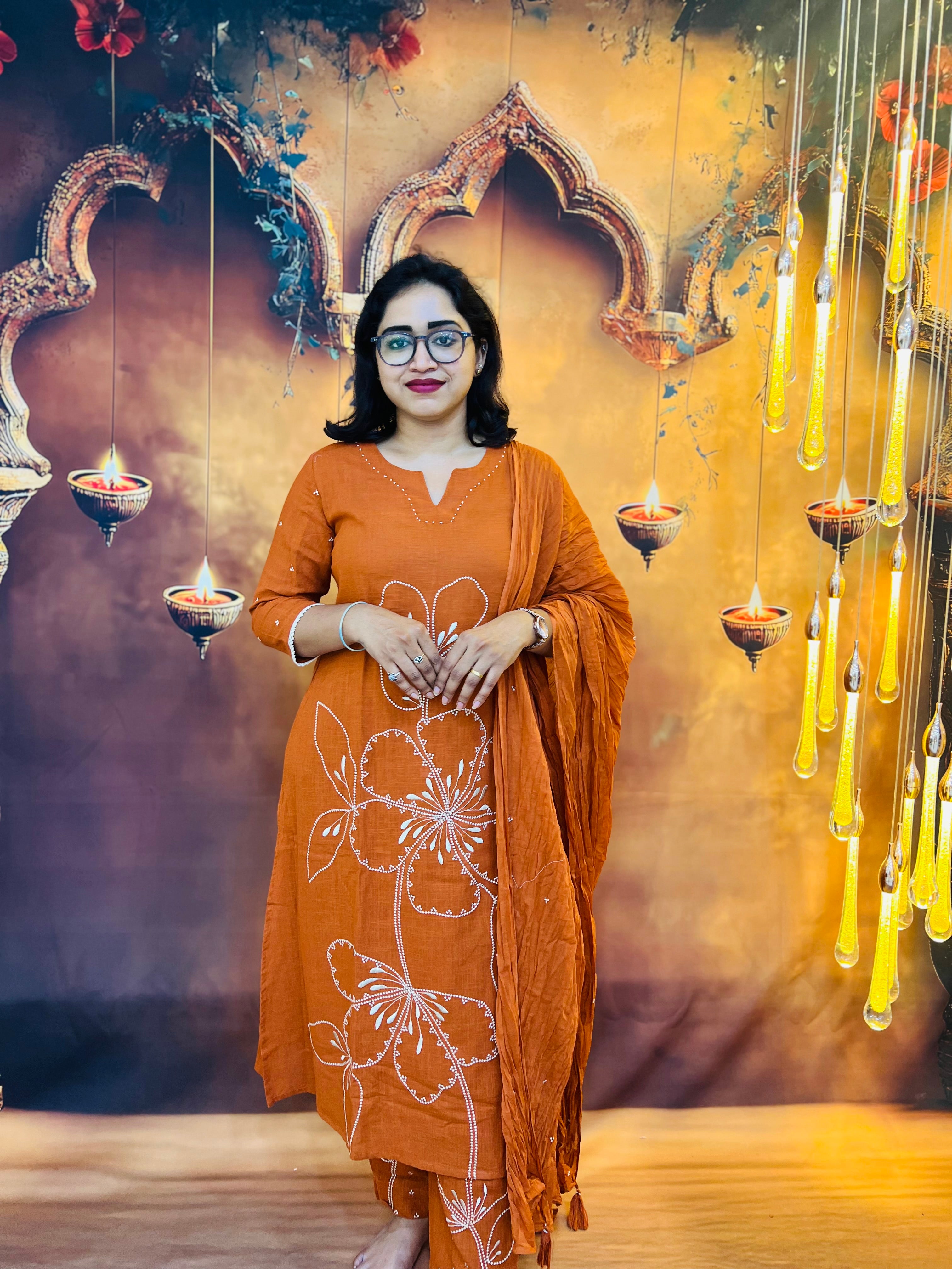 Rust Orange 3pc Kurti Set in Slub Cotton