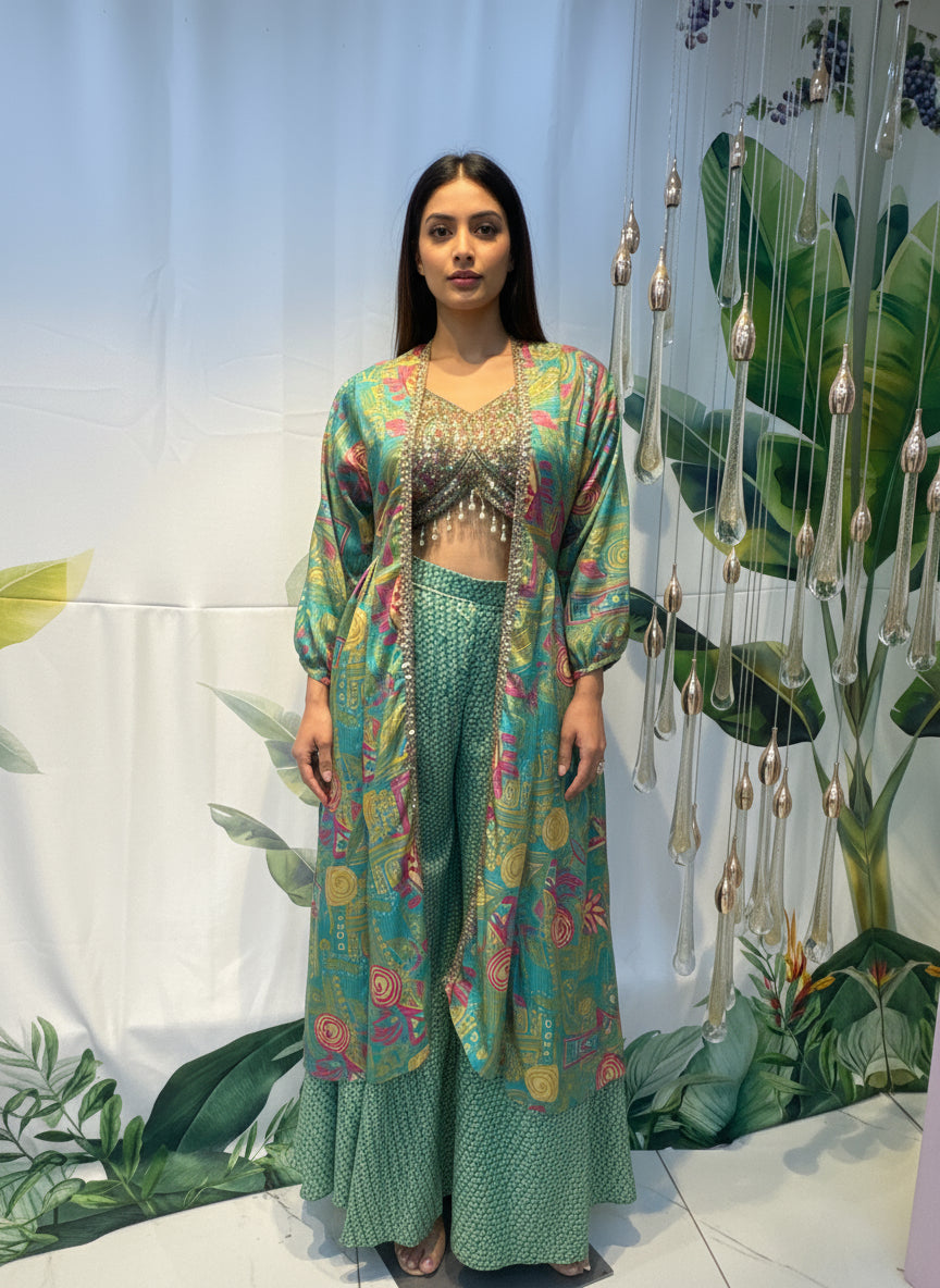 Aqua Indo-Western Crop Top with Palazzo and Overcoat