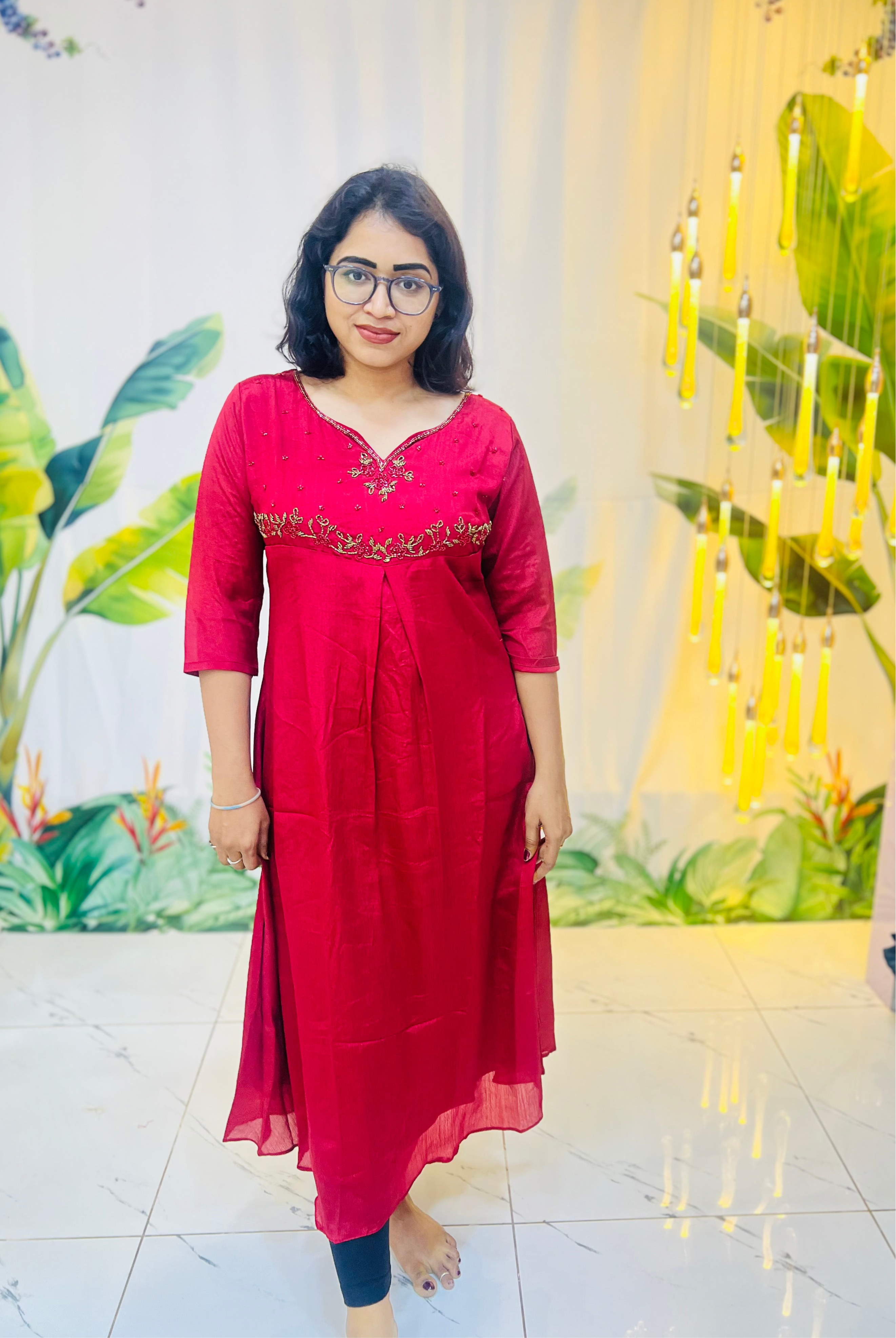 Brick Red Georgette bead work A-line kurti