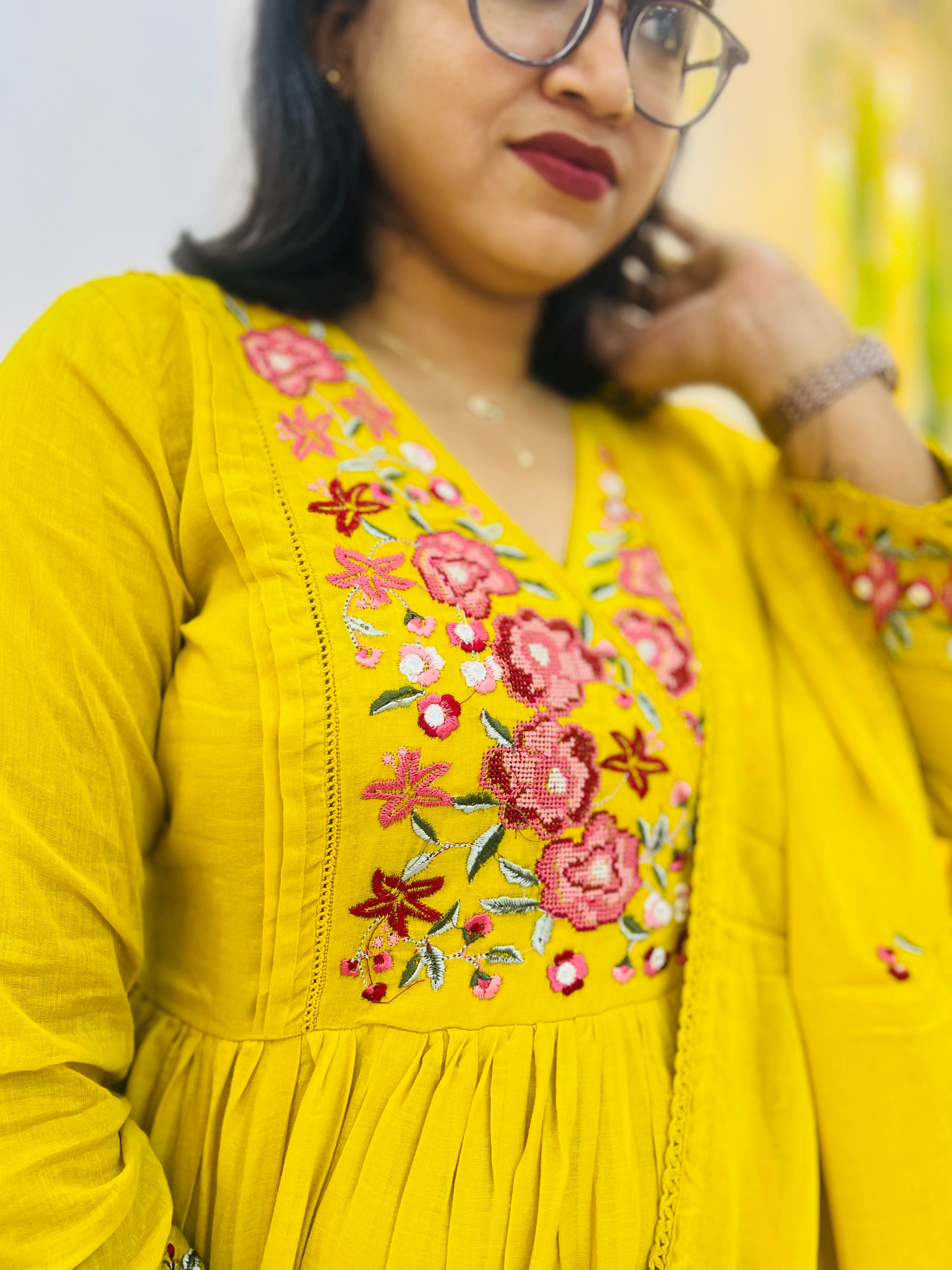 Mustard Yellow Mul Cotton Anarkali with Floral Hand Embroidery 🌼✨