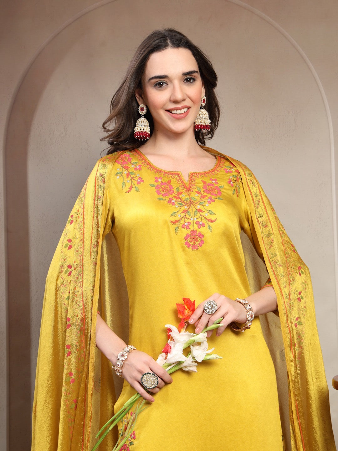 Mustard Yellow Embroidered Kurta with Palazzo & Silk Dupatta