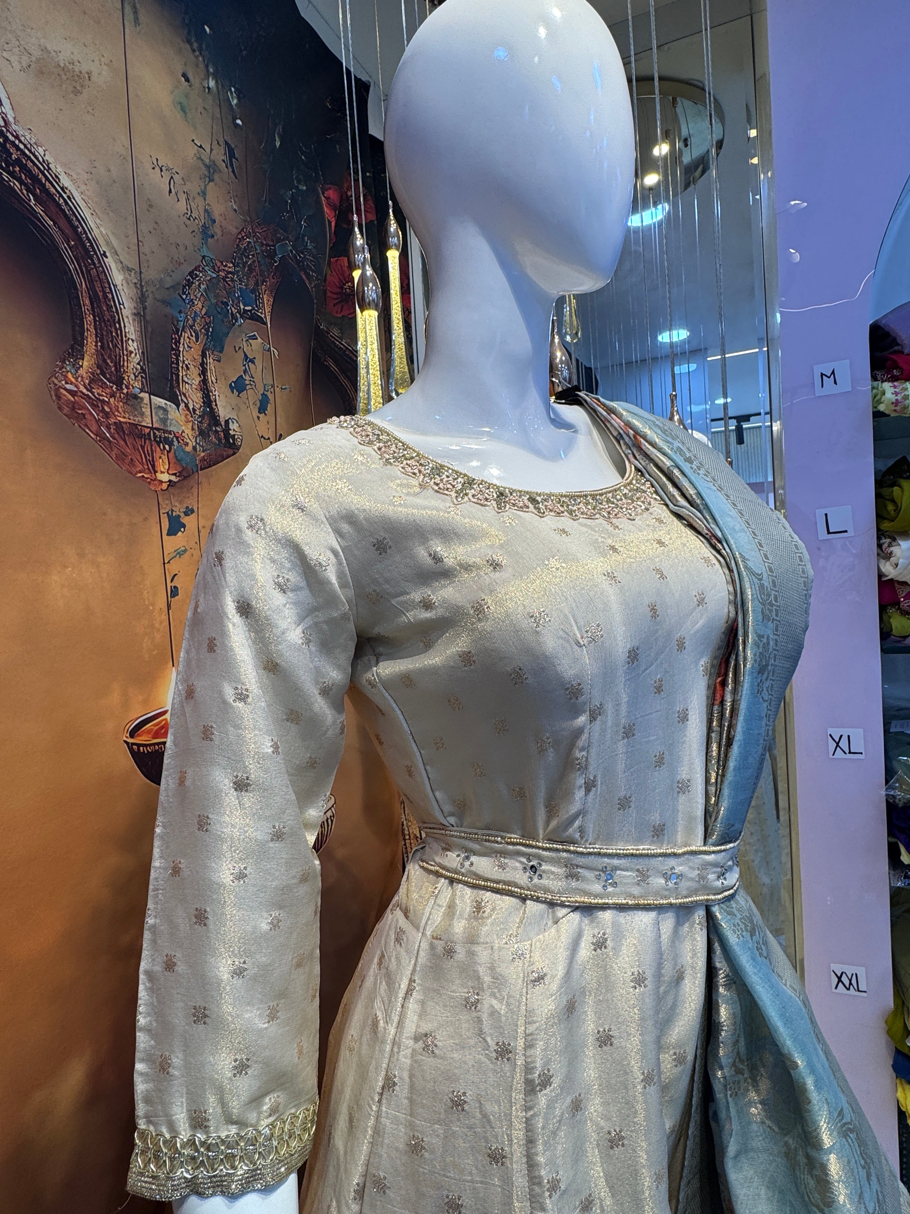 Regal Ivory Anarkali with Sky Blue Dupatta