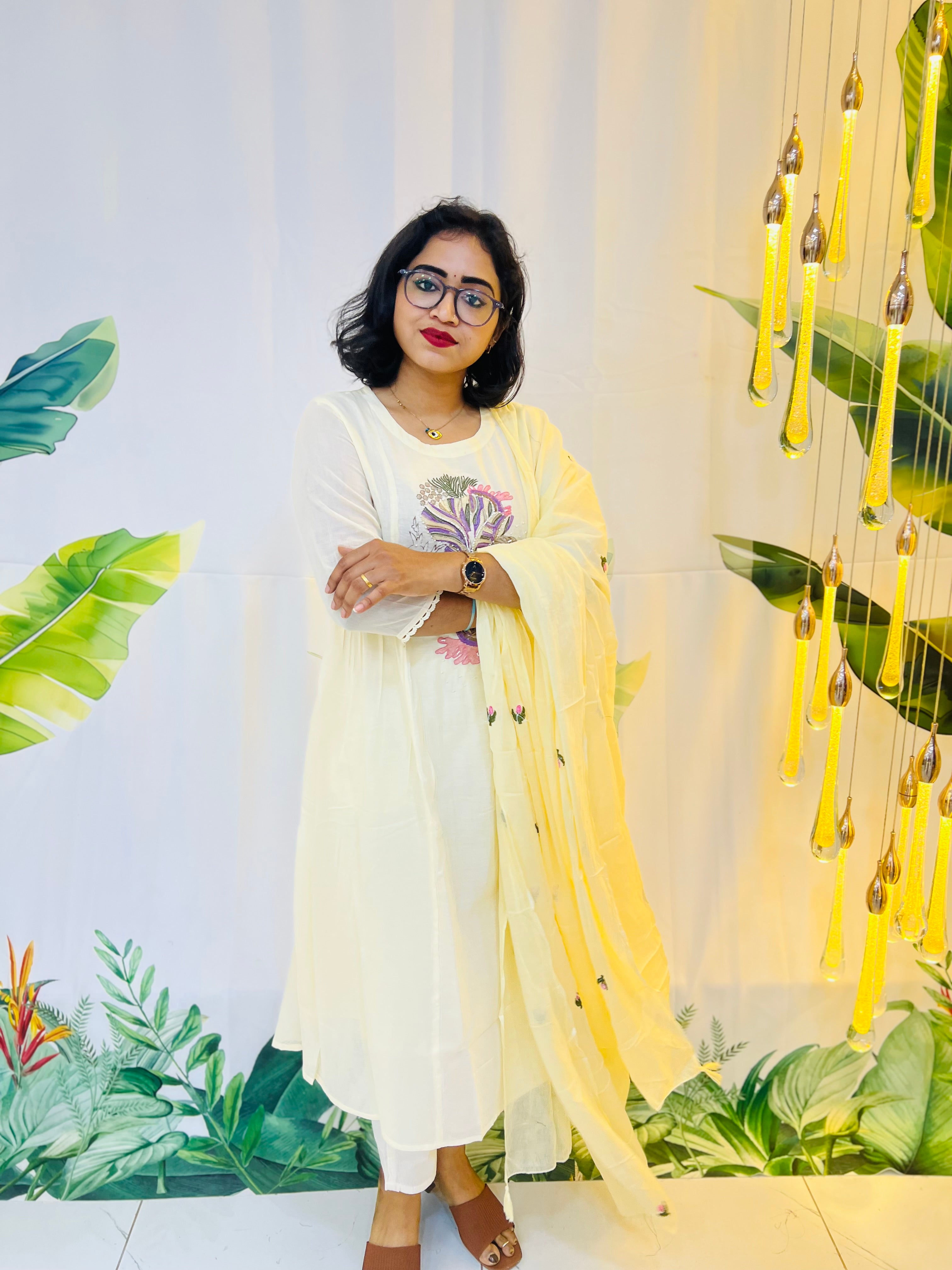 Ethereal Cream Pure Mul Cotton A-Line Dupatta Set