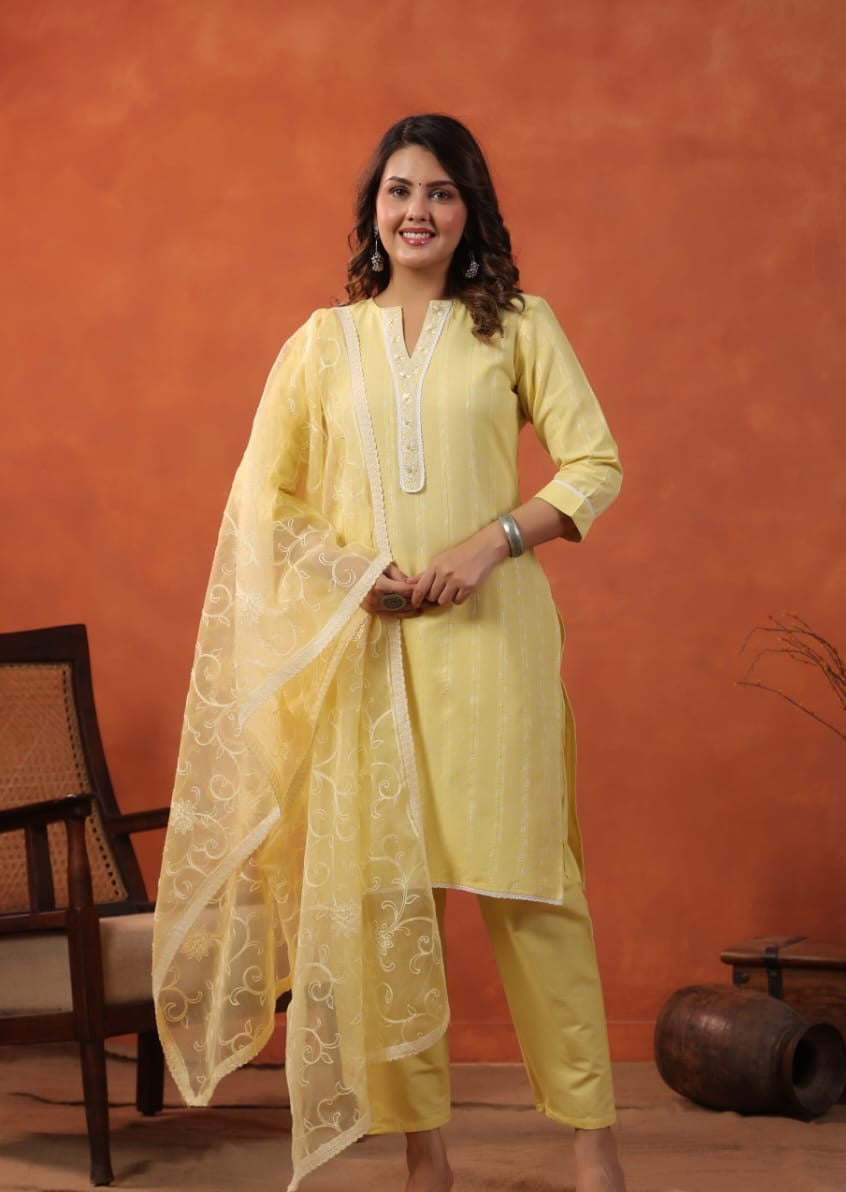 Soft Yellow Embroidered Kurta Set with Chikankari Dupatta