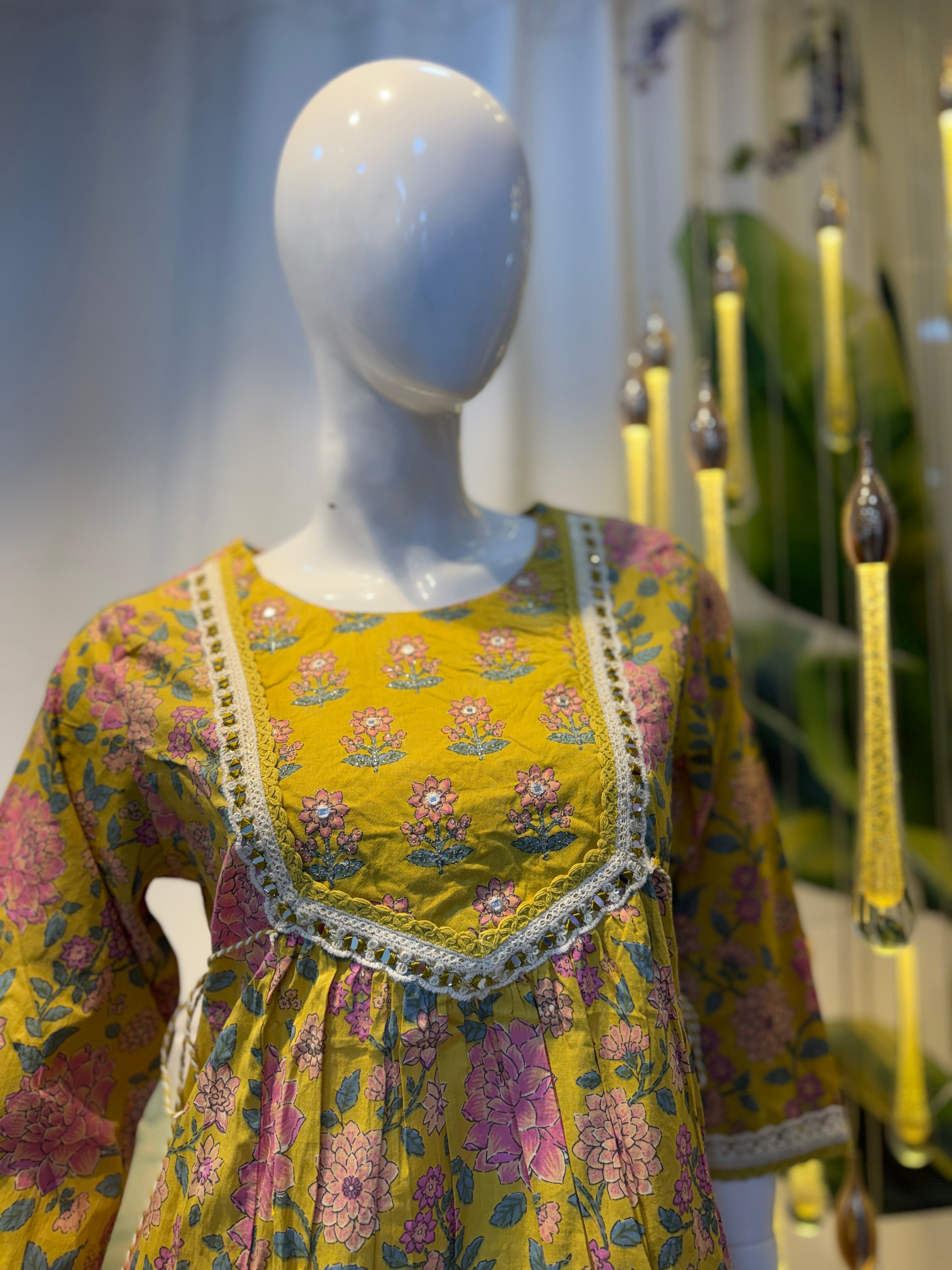 Mustard Yellow Floral Printed Kurta Set with Contrast Dupatta