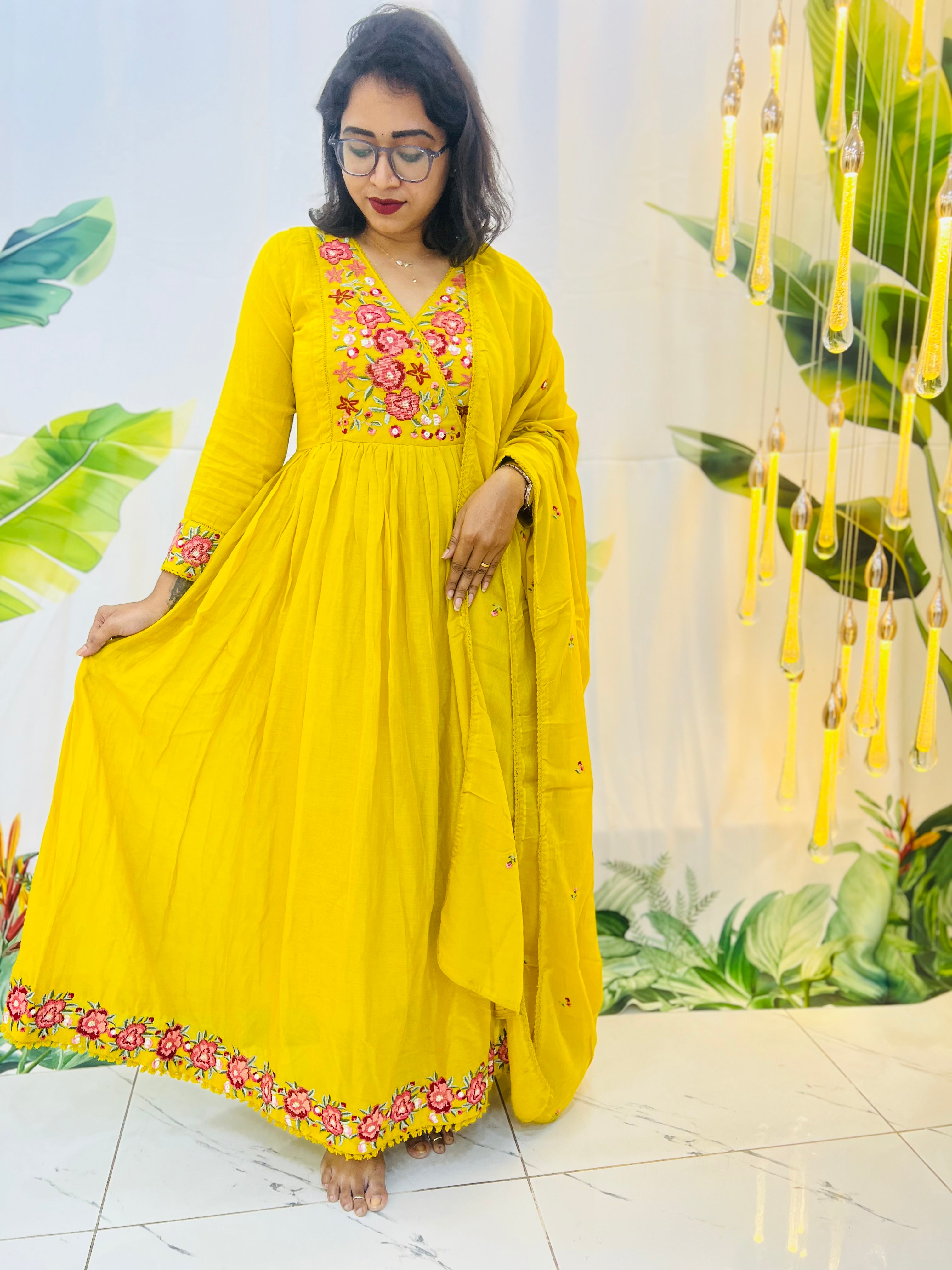 Mustard Yellow Mul Cotton Anarkali with Floral Hand Embroidery 🌼✨