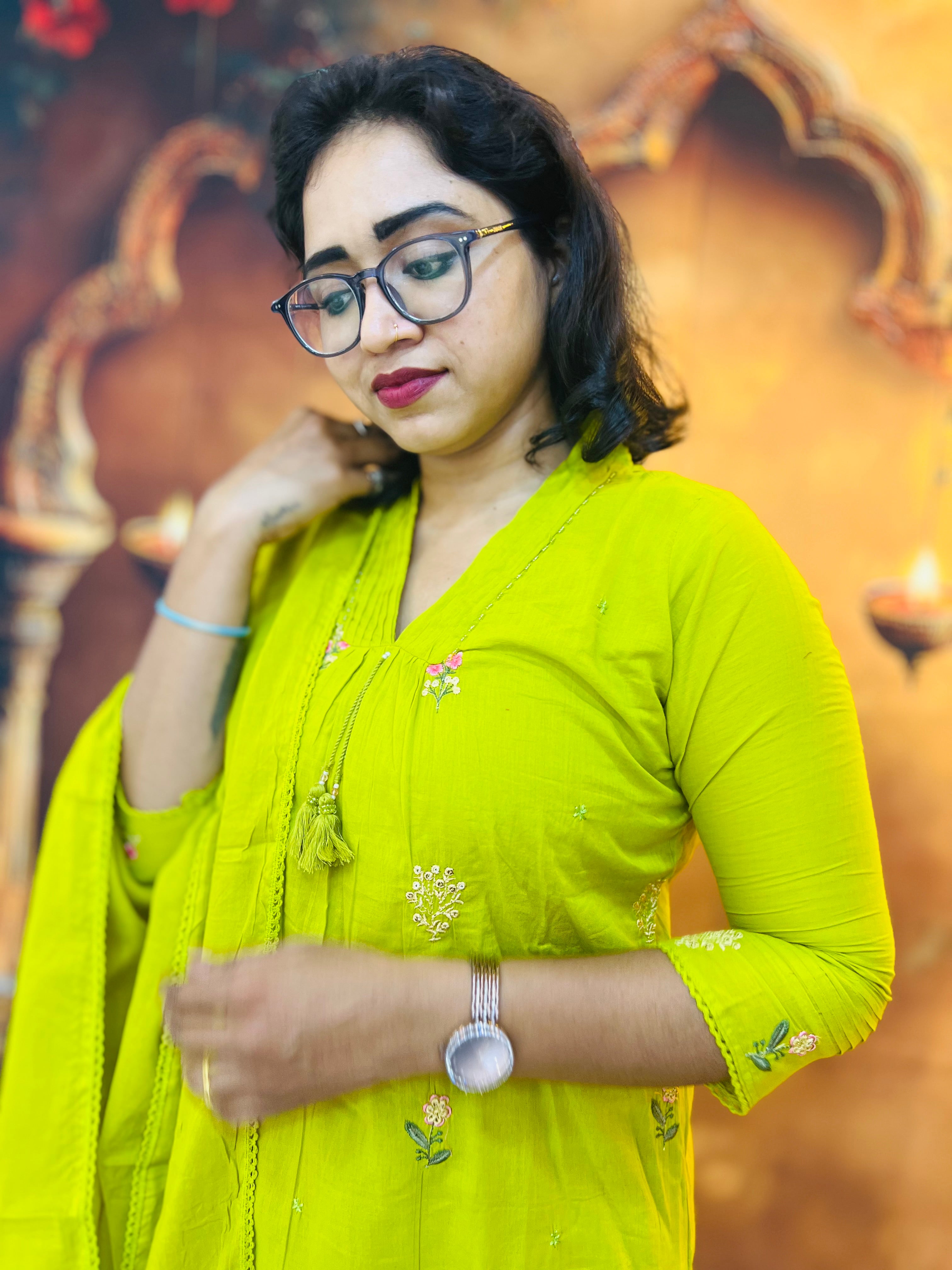 Green Bloom Cotton Kurti Set