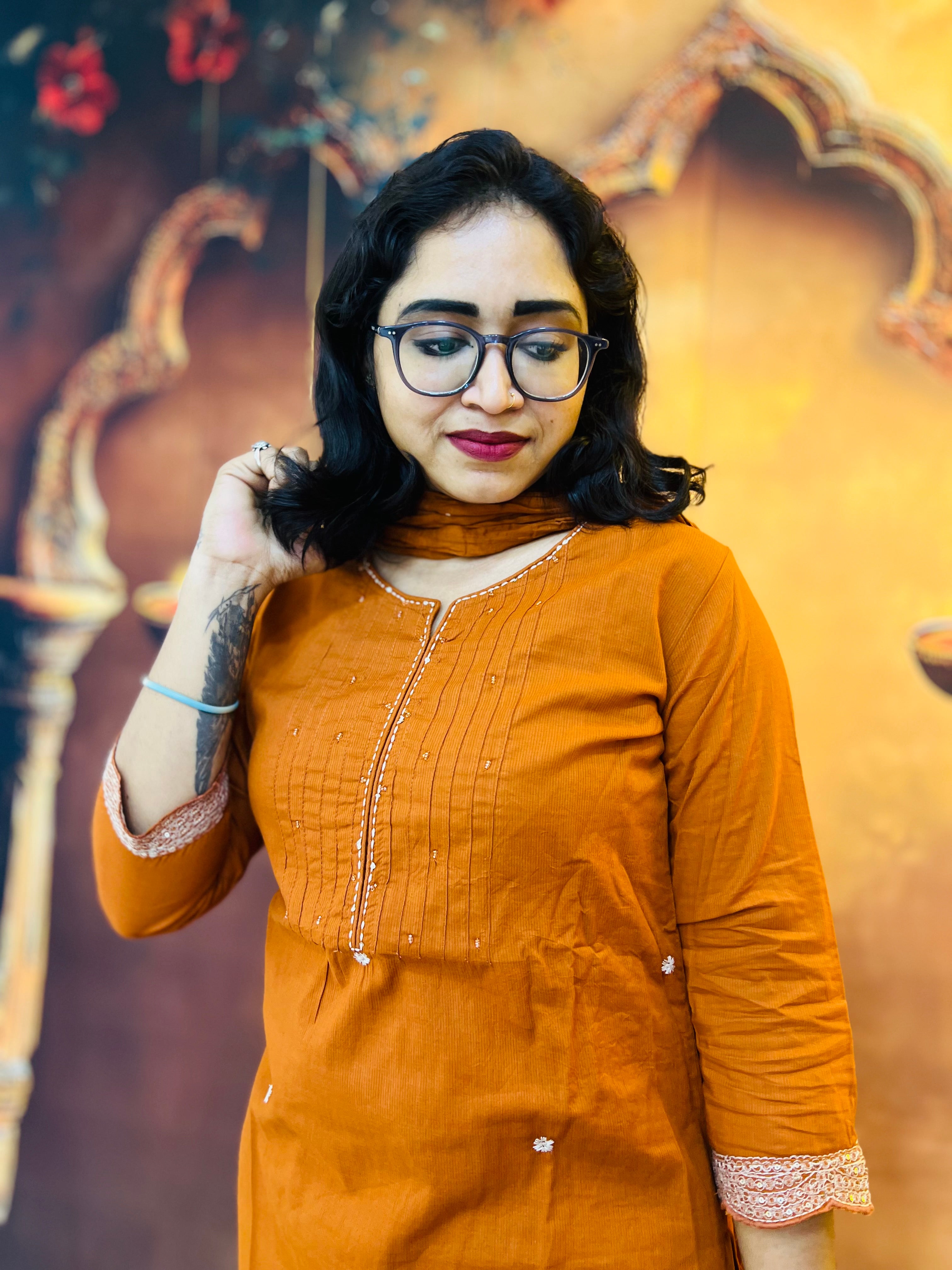 Rust Elegance Embroidered Kurti Set 🧡