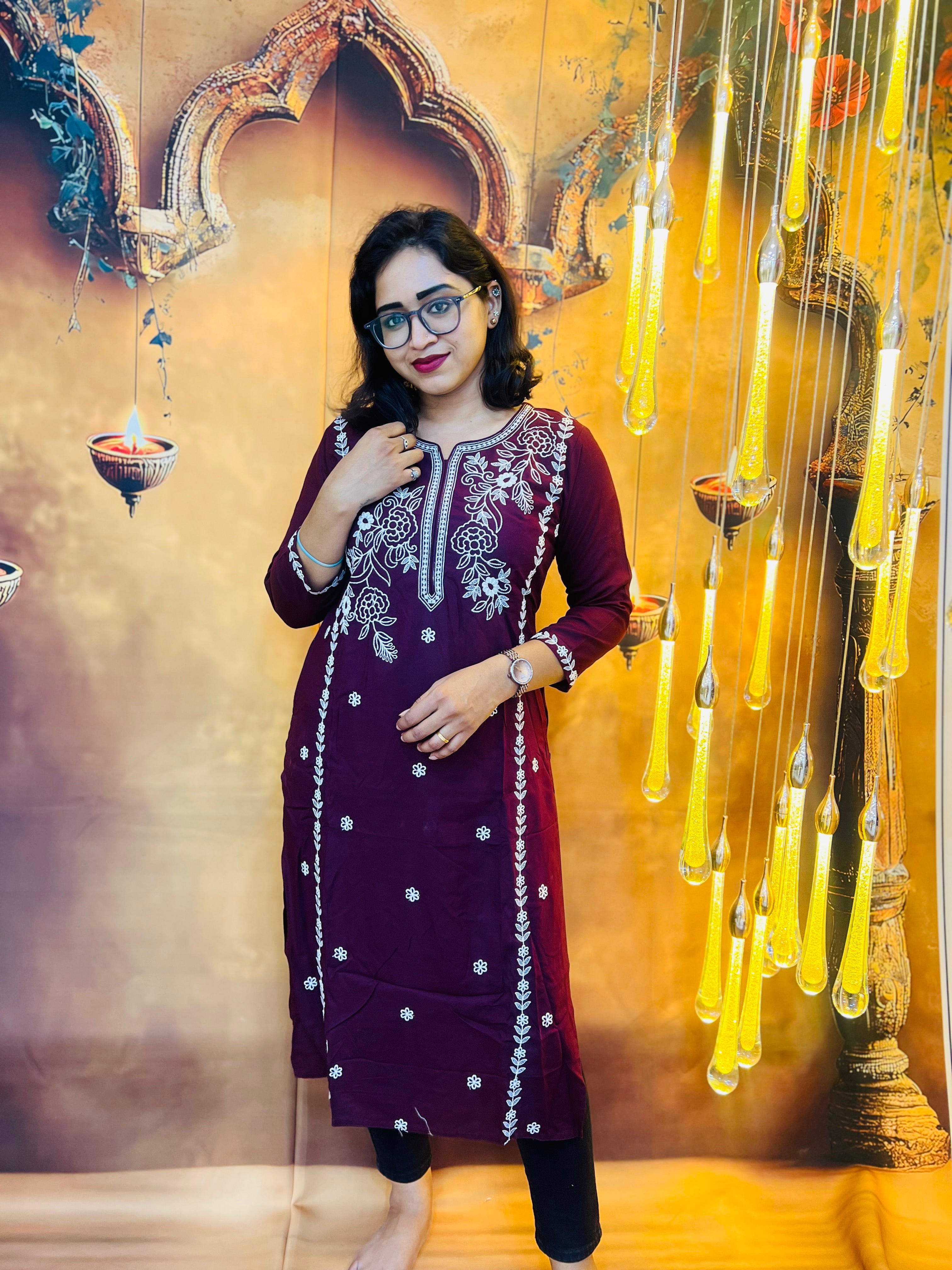 Dark Purple Floral Embroidered Kurti
