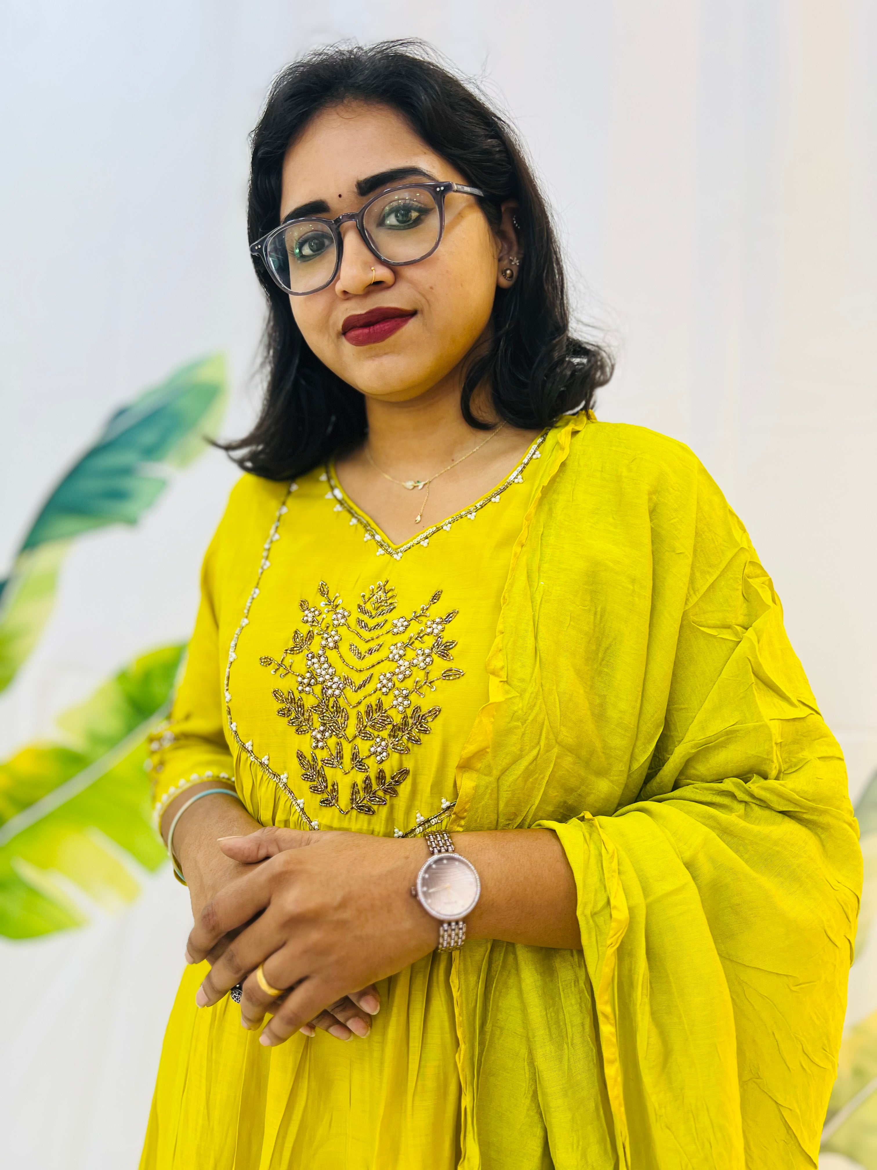 Sunshine Yellow A-Line Dress with Elegant Handwork ☀️✨