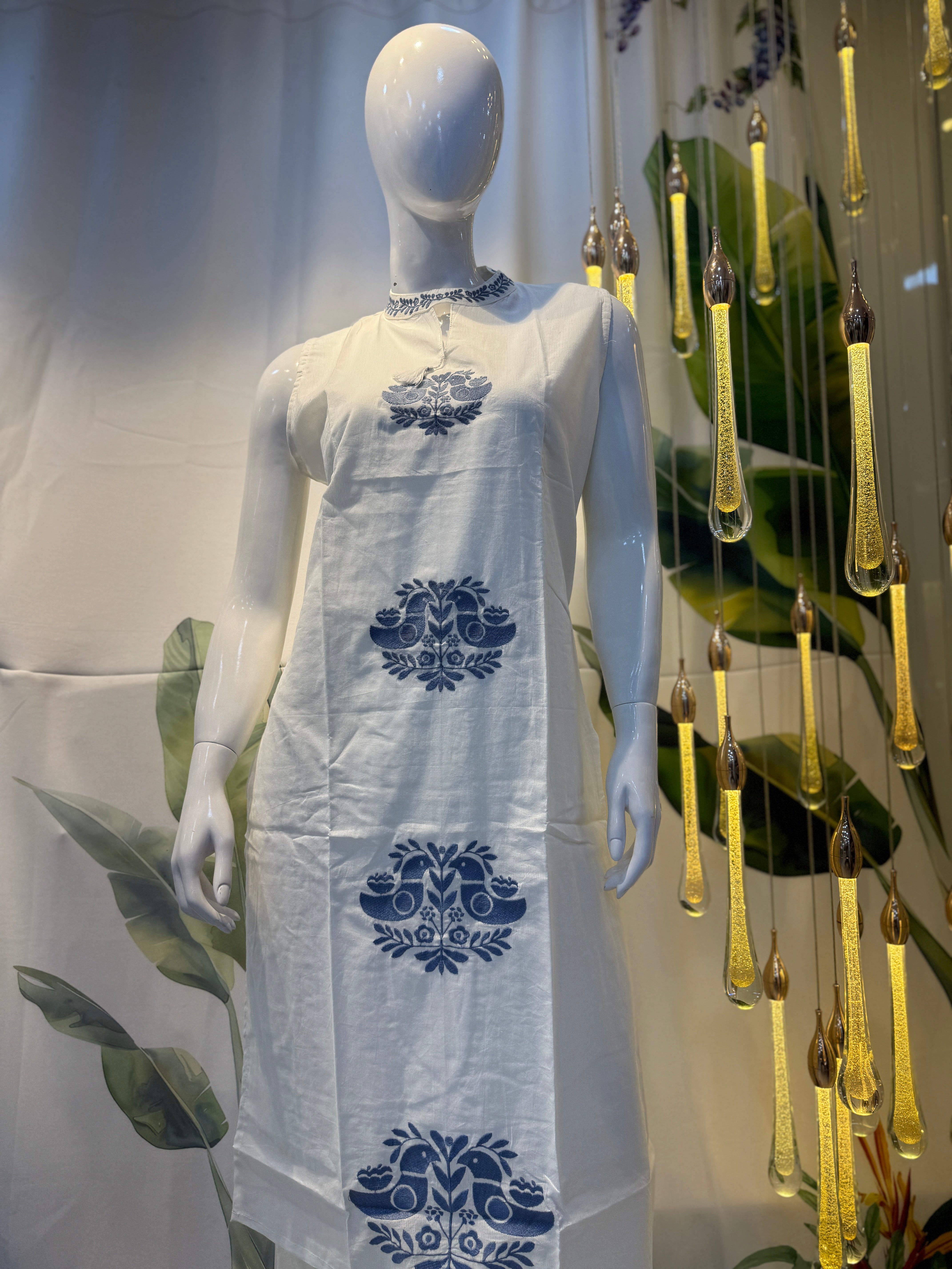 White & Indigo Handblock Printed Cotton Kurta Set