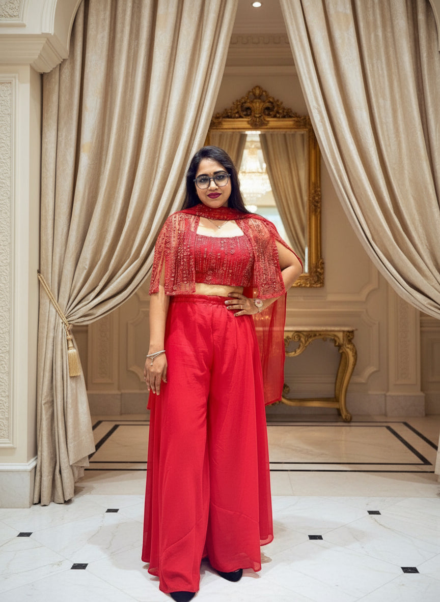 Red Indo-Western Cape Style Dress