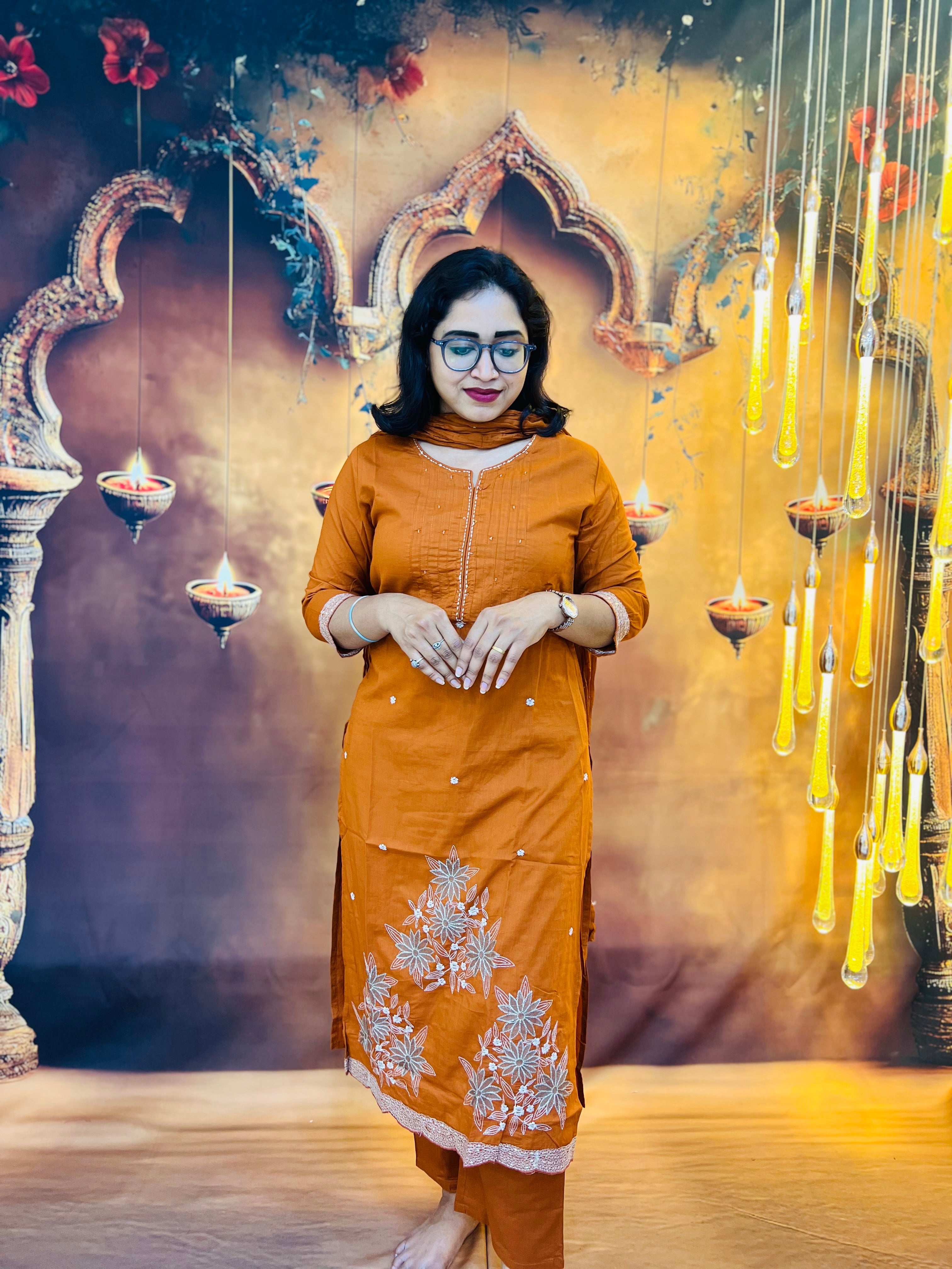 Rust Elegance Embroidered Kurti Set 🧡