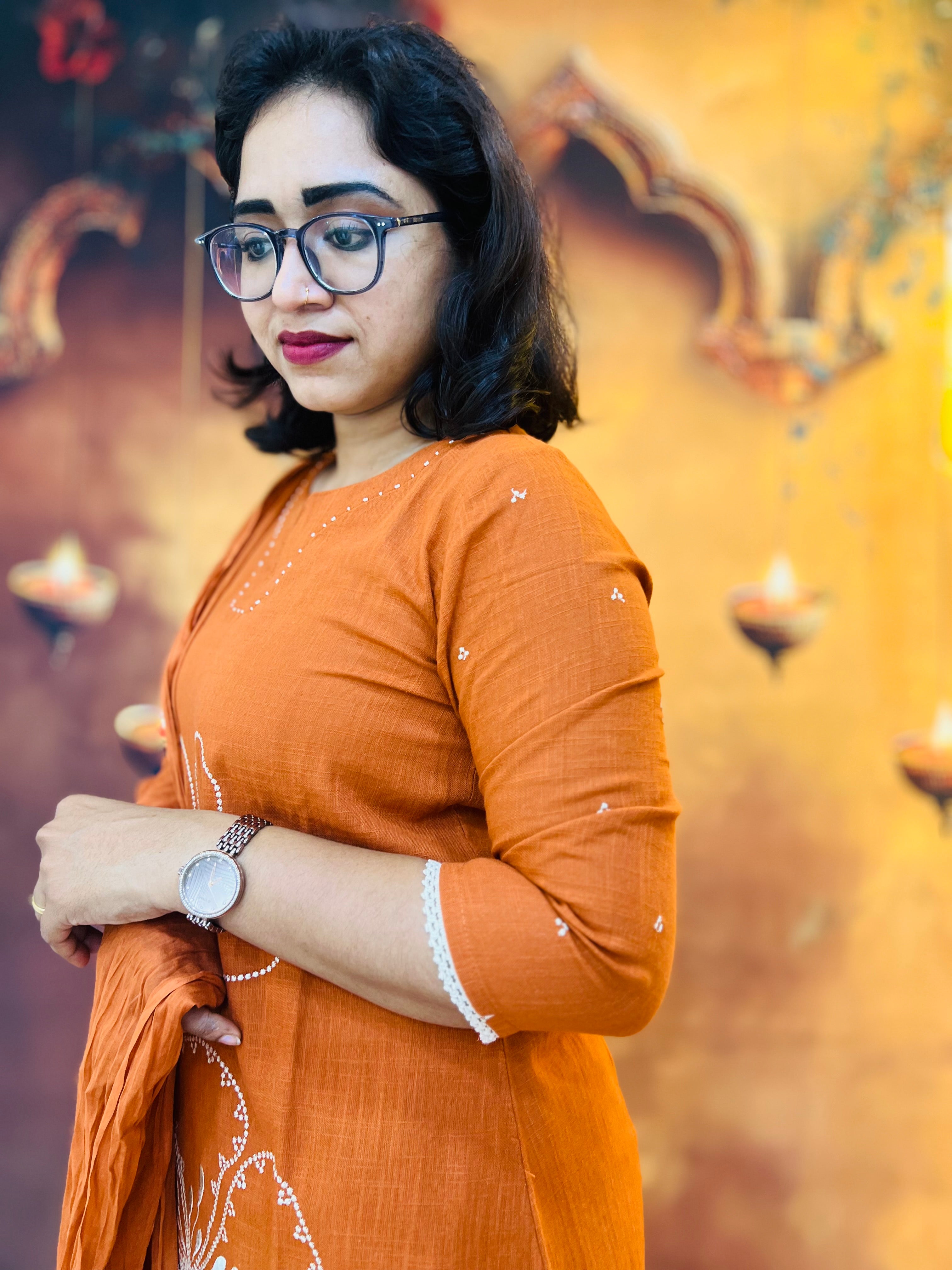 Rust Orange 3pc Kurti Set in Slub Cotton