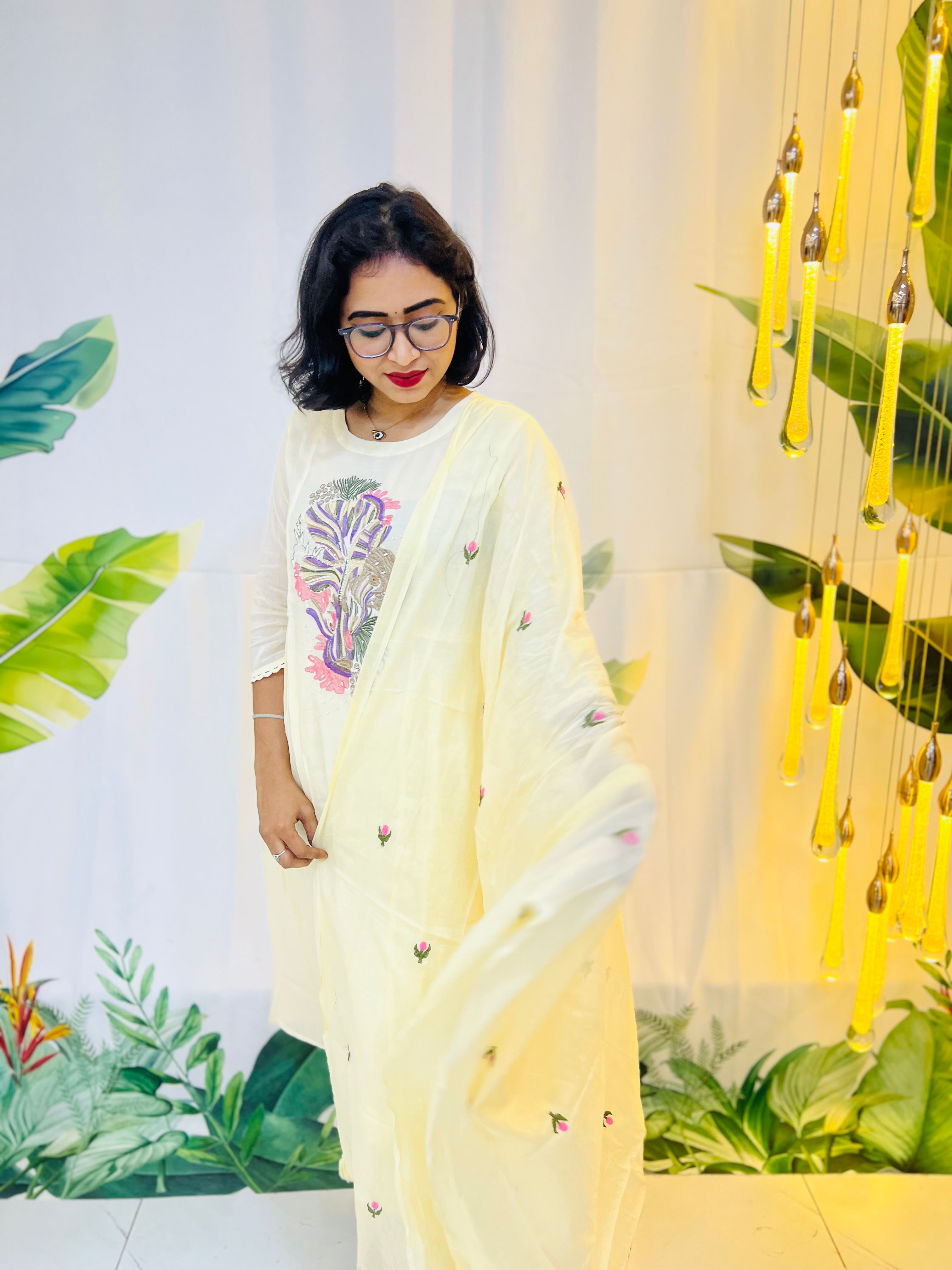 Ethereal Cream Pure Mul Cotton A-Line Dupatta Set