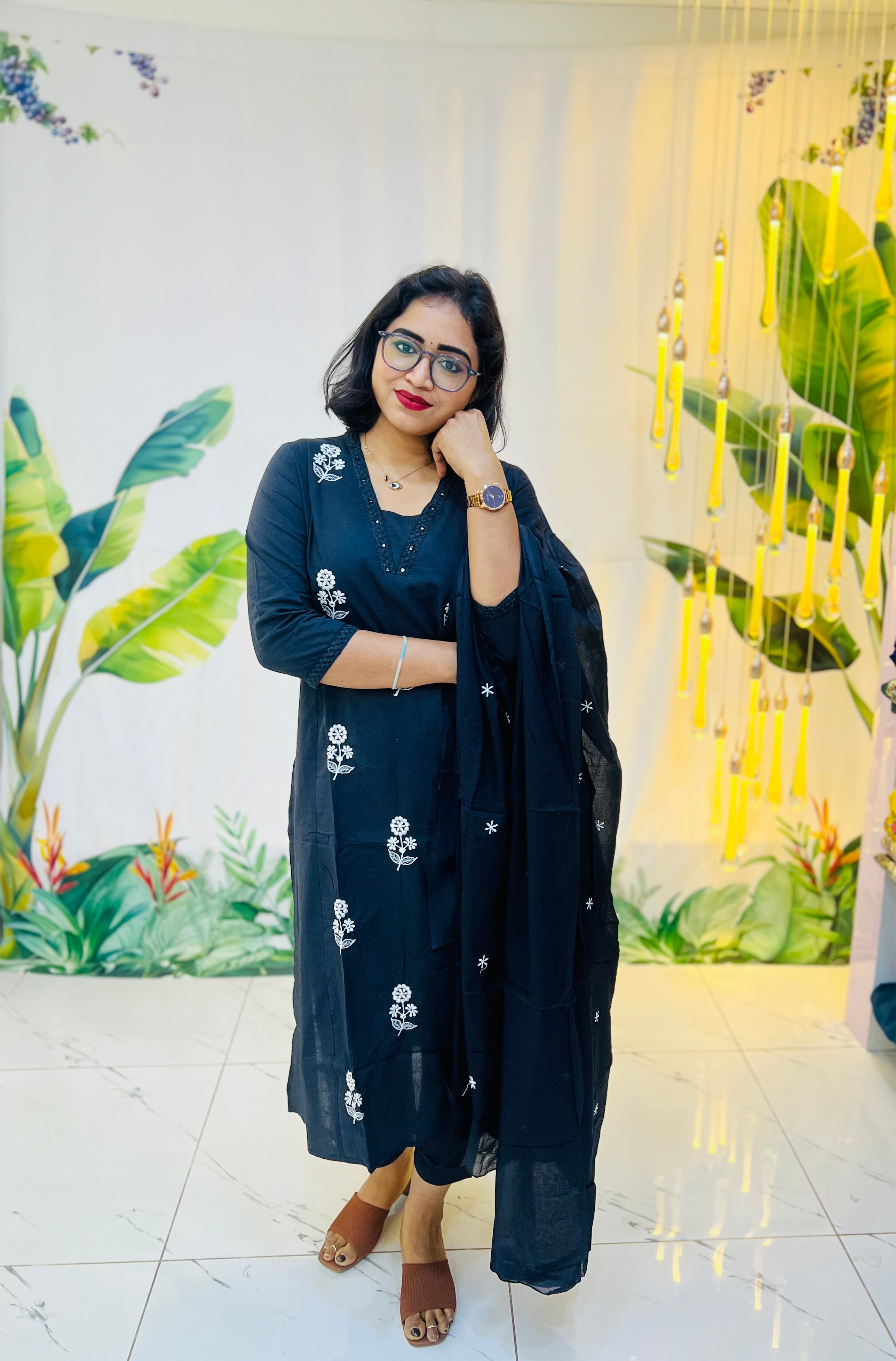 Black Cotton Floral Embroidery Dress