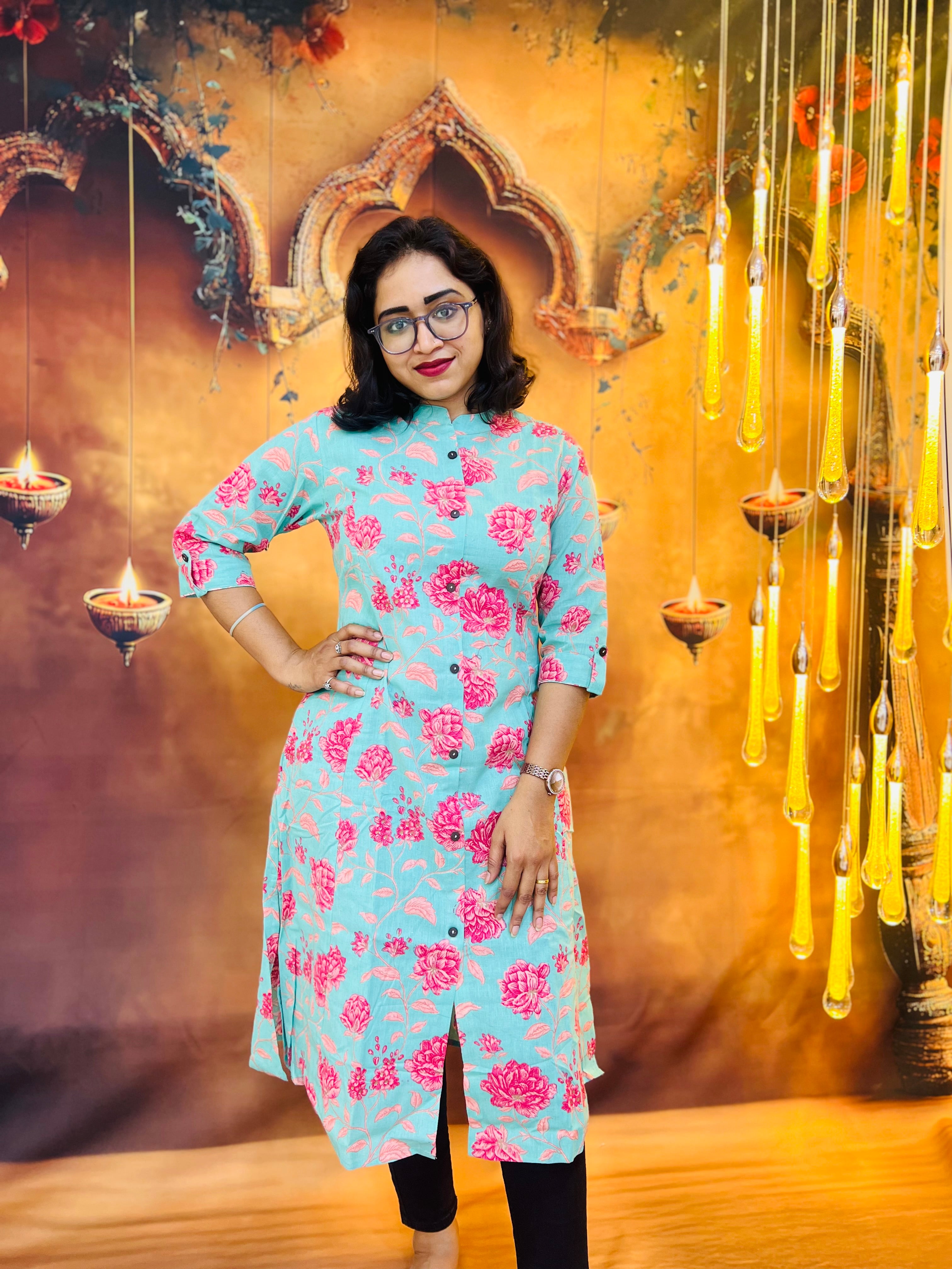 Aqua Bloom Cotton Kurti 🌺
