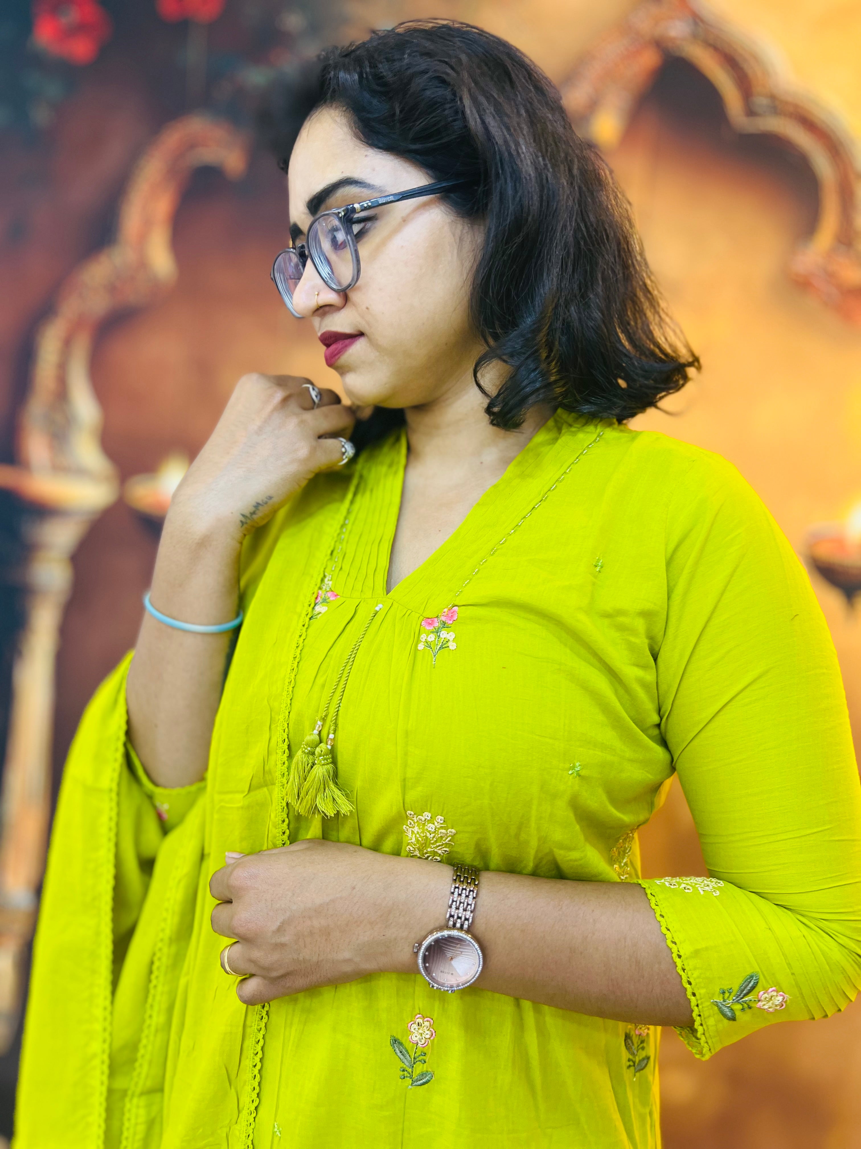 Green Bloom Cotton Kurti Set