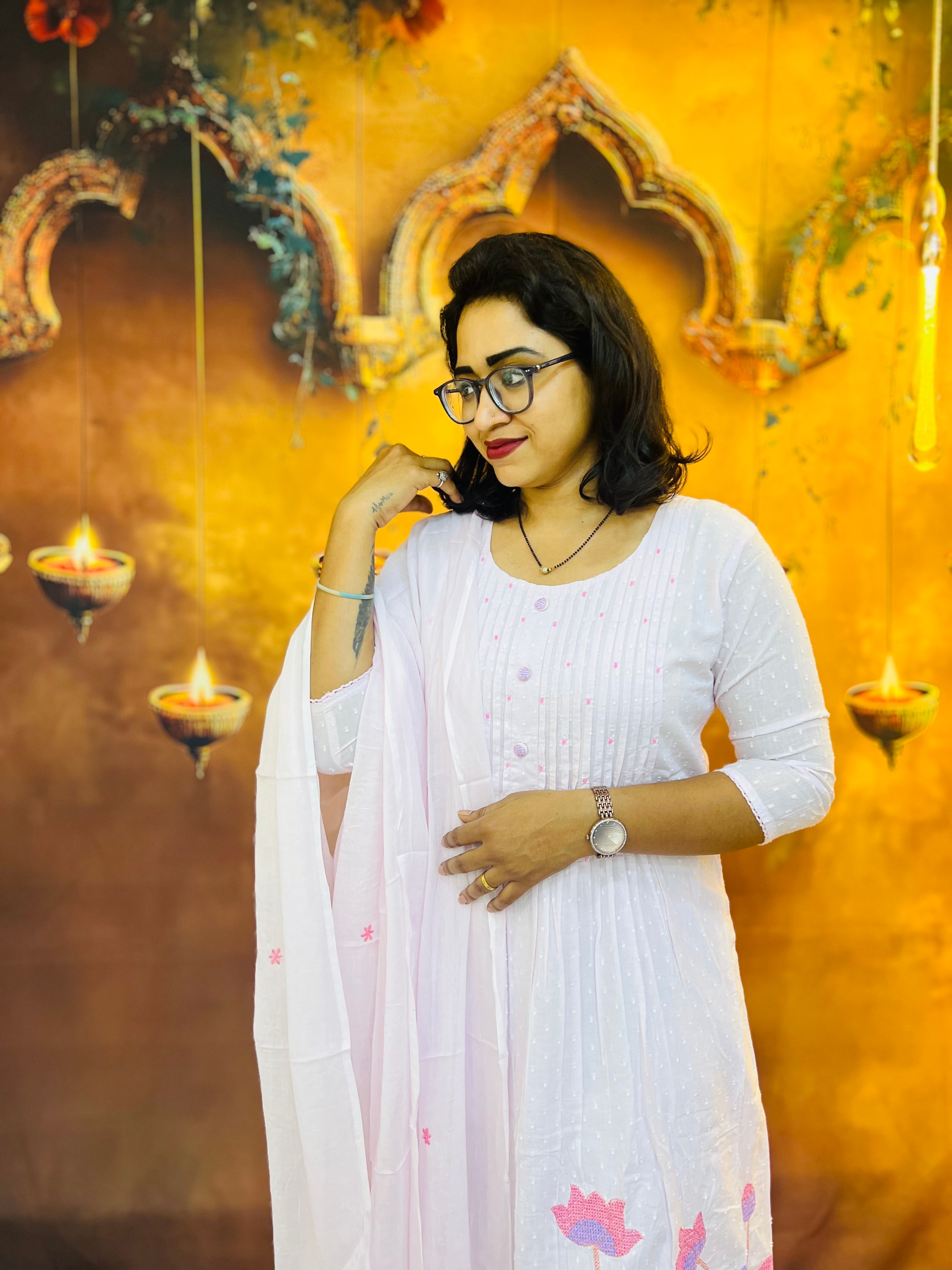 Elegant Baby Pink Lotus Embroidered Kurti Set