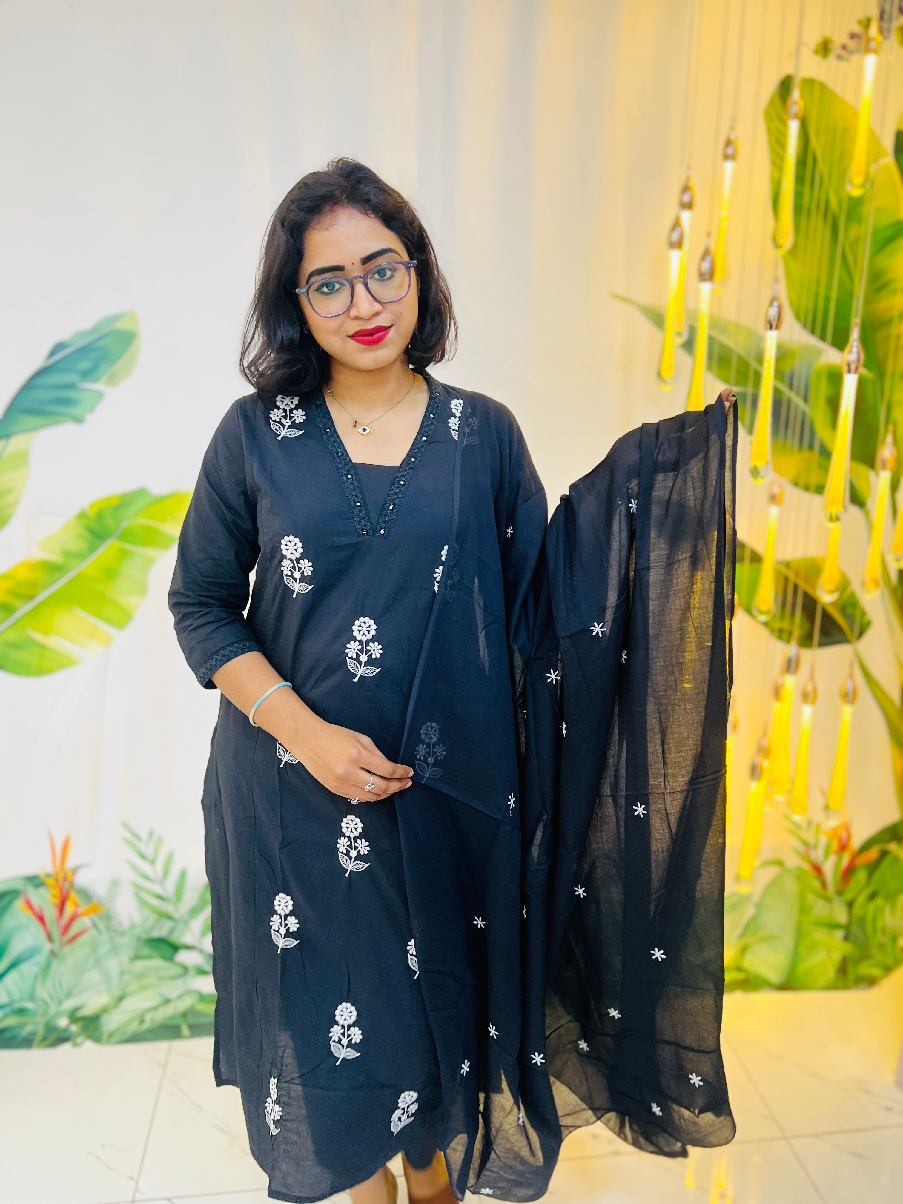 Black Cotton Floral Embroidery Dress