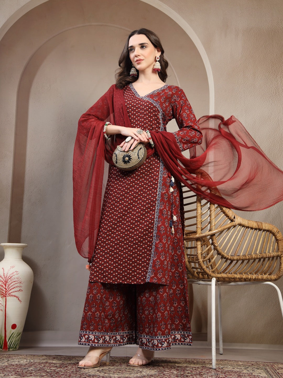 Maroon Printed Ethnic Kurta Set with Flared Pants & Chiffon Dupatta