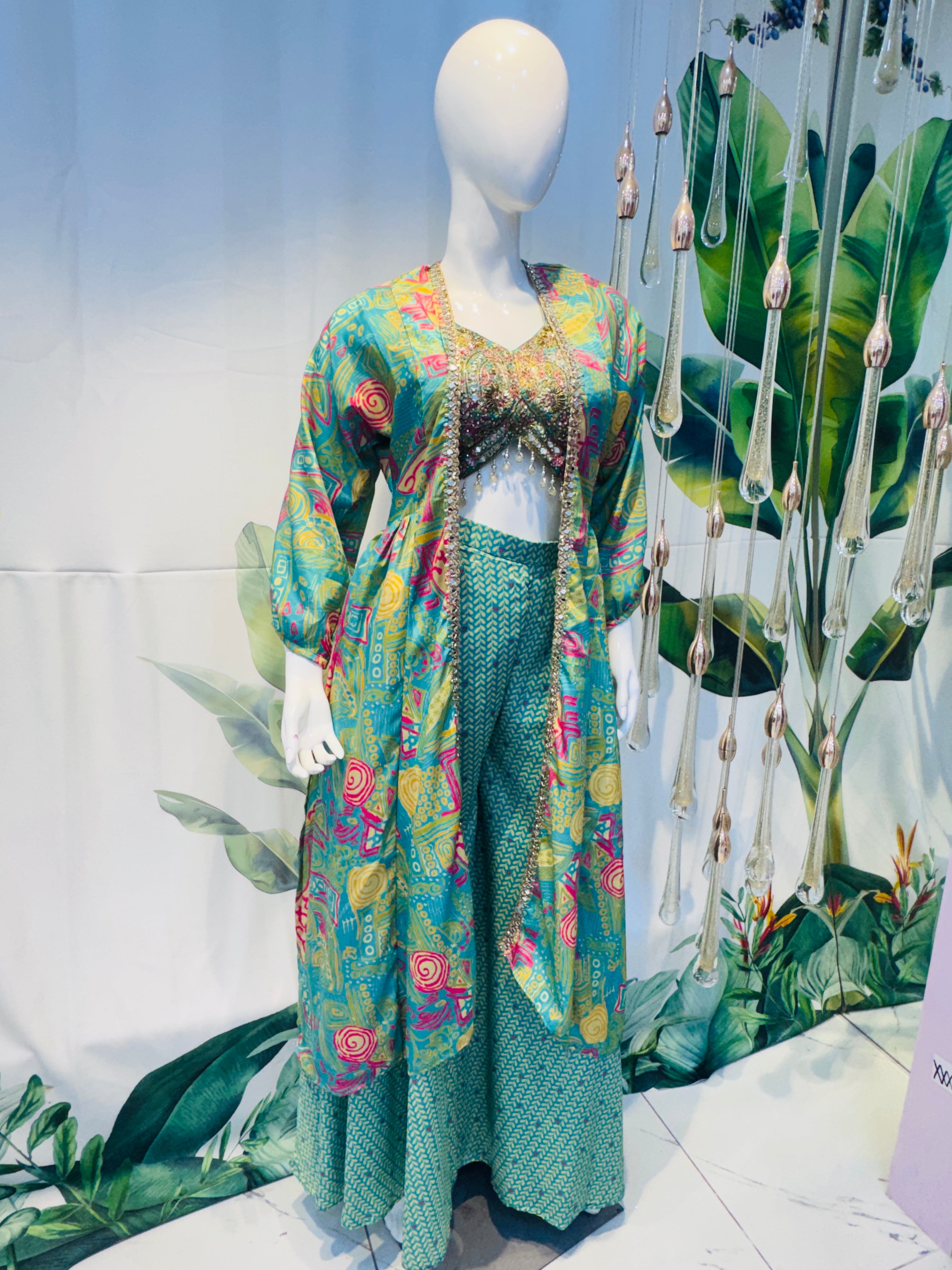 Aqua Indo-Western Crop Top with Palazzo and Overcoat