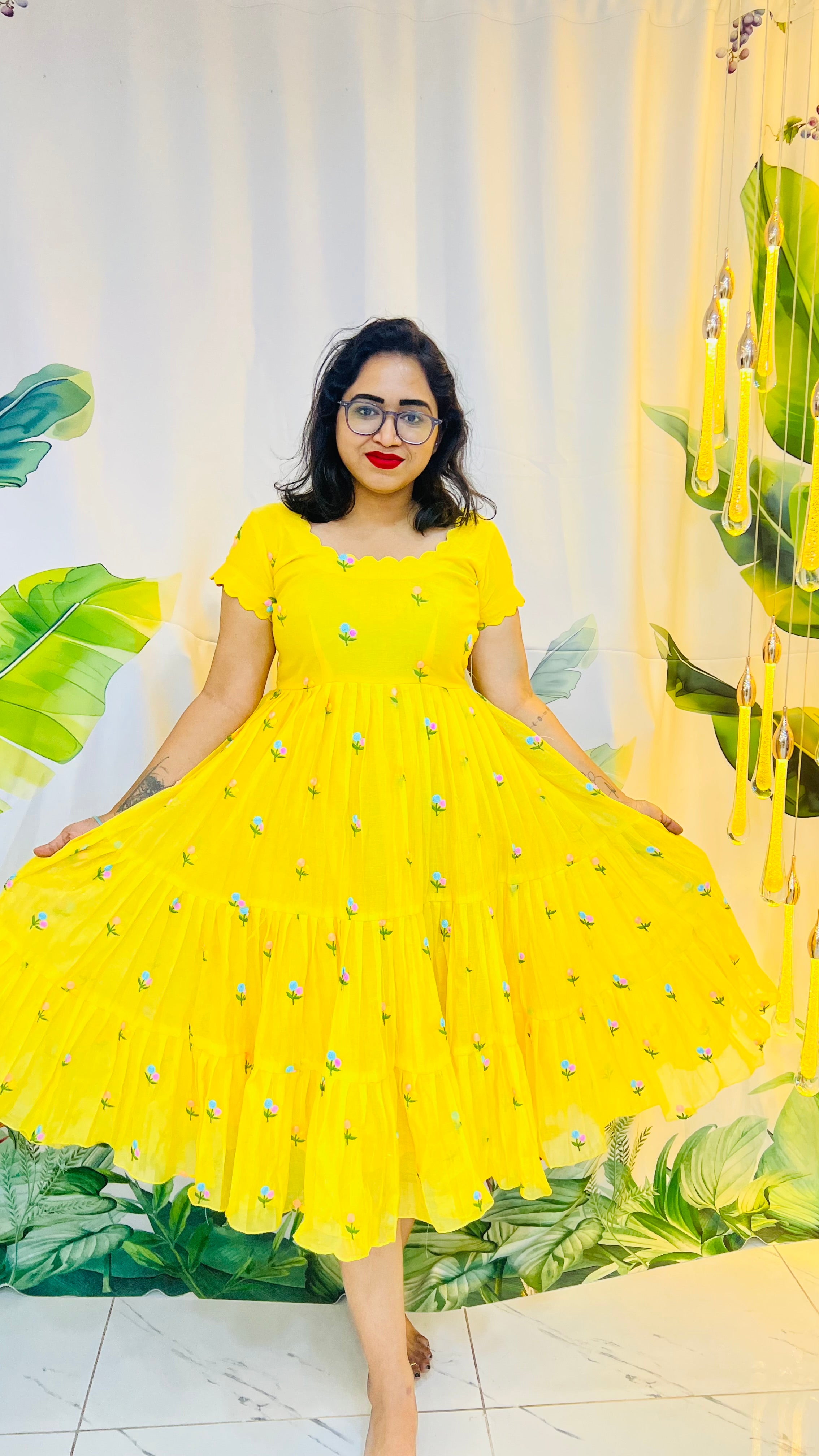 Mul chanderi yellow frock