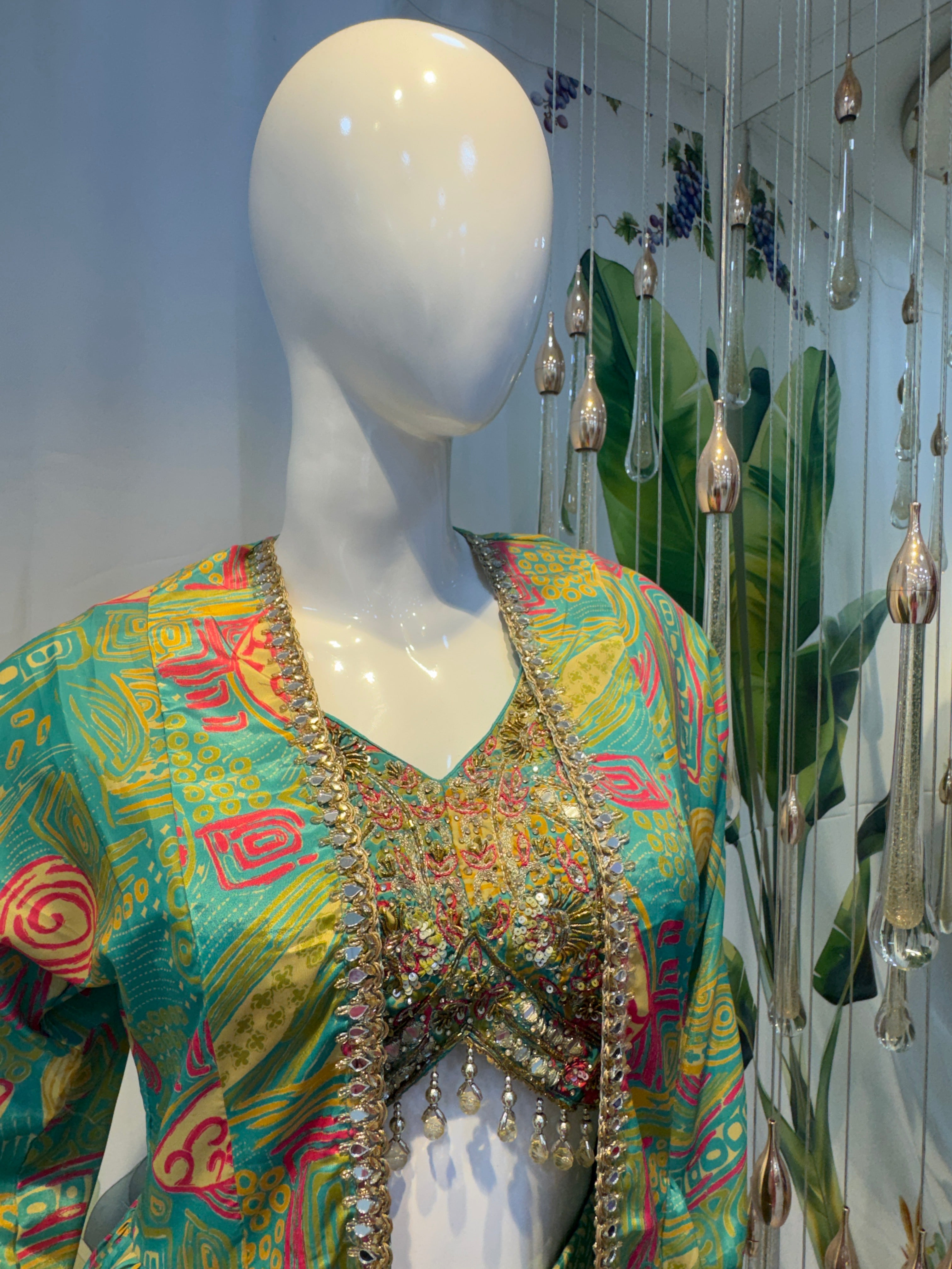 Aqua Indo-Western Crop Top with Palazzo and Overcoat