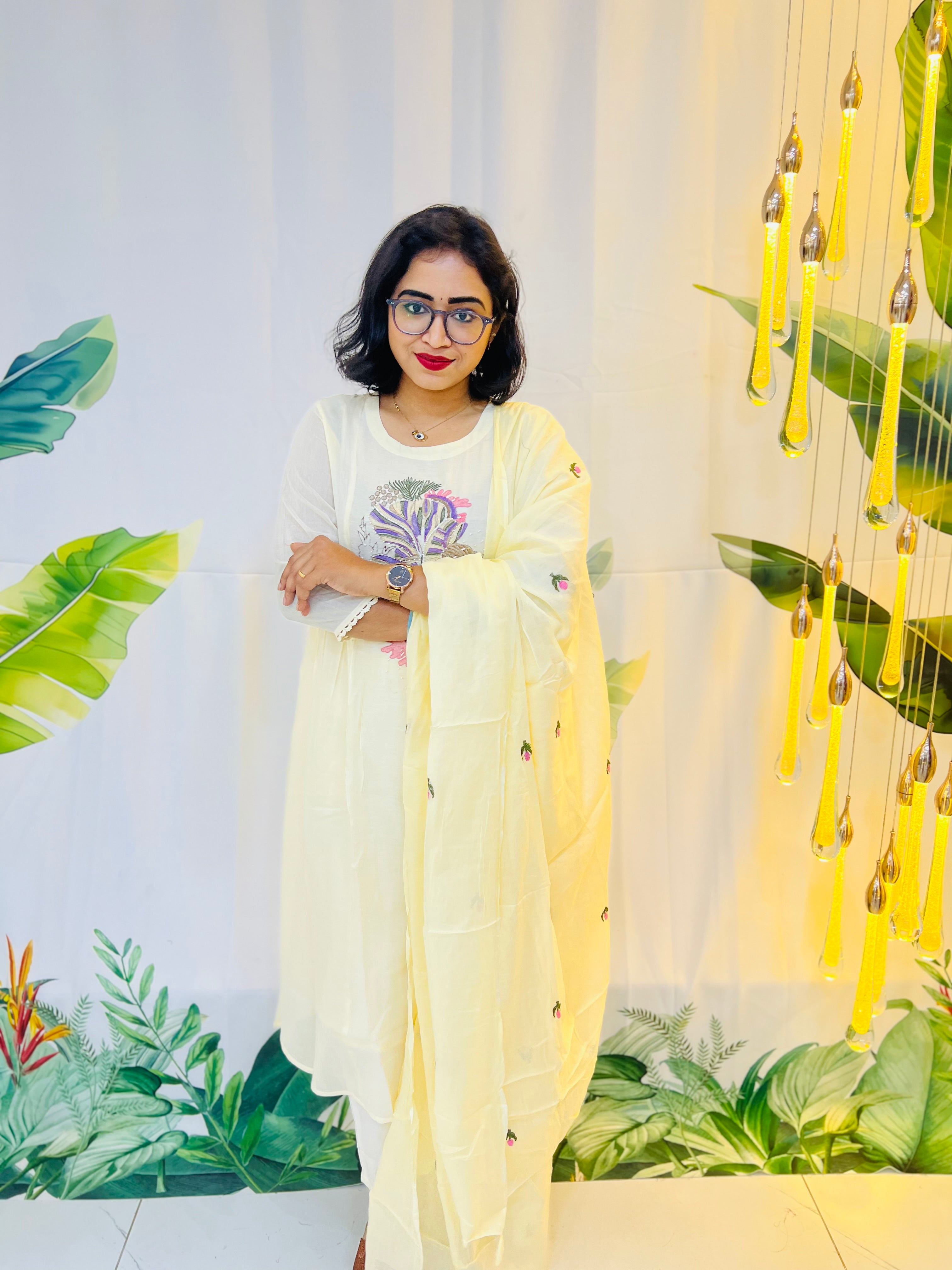 Ethereal Cream Pure Mul Cotton A-Line Dupatta Set