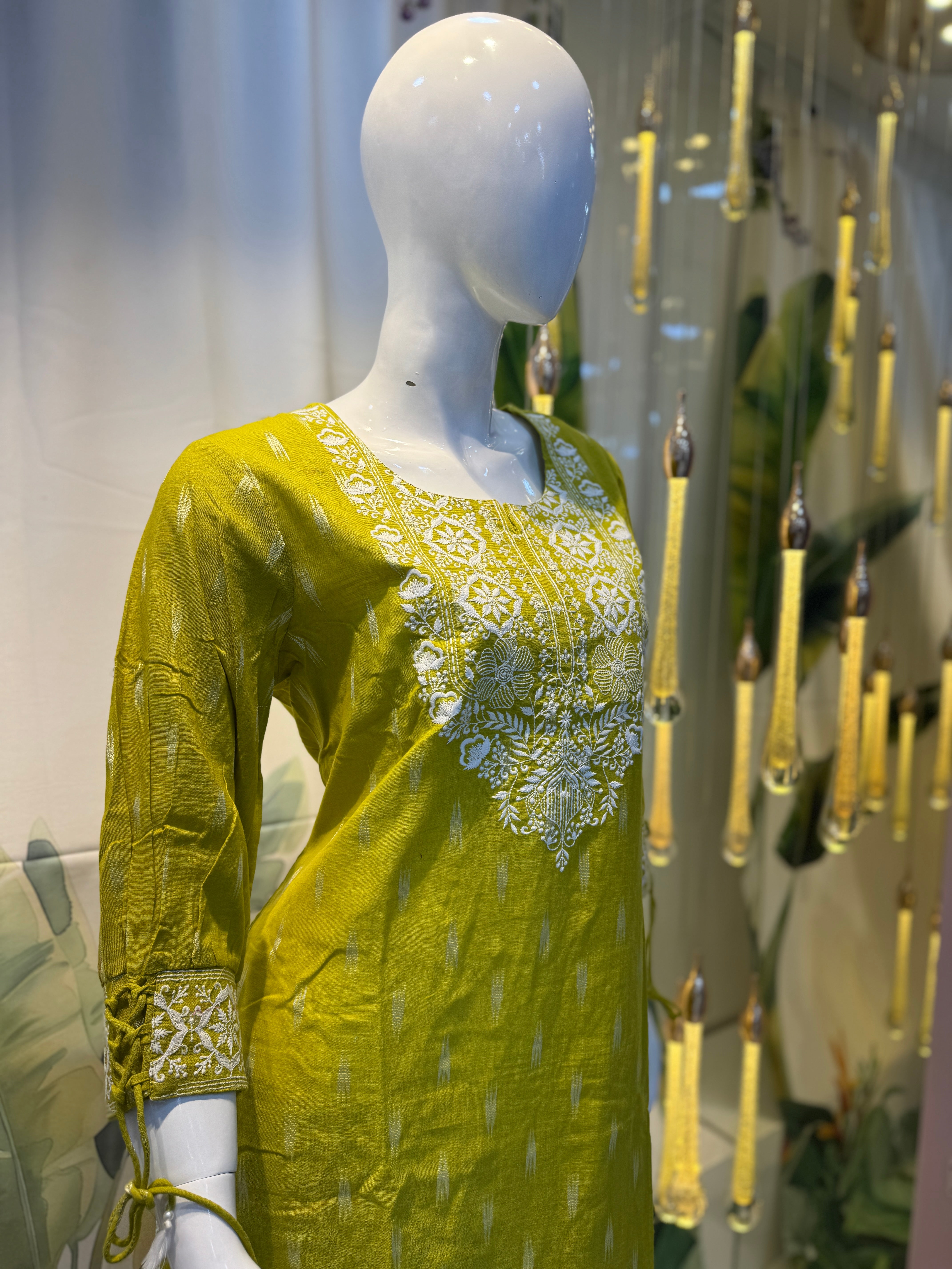 Lime Green Embroidered Cotton Kurta Set