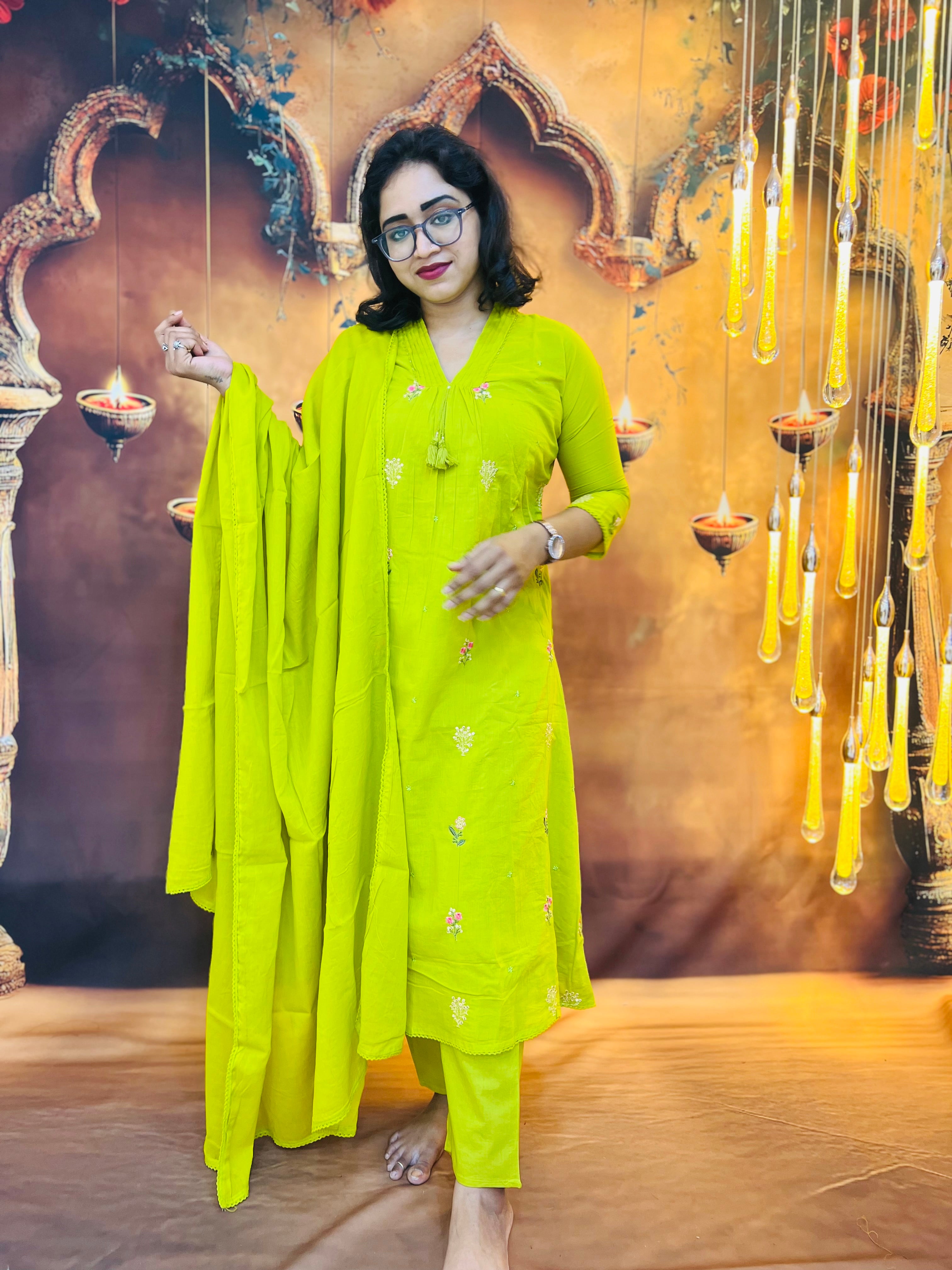 Green Bloom Cotton Kurti Set