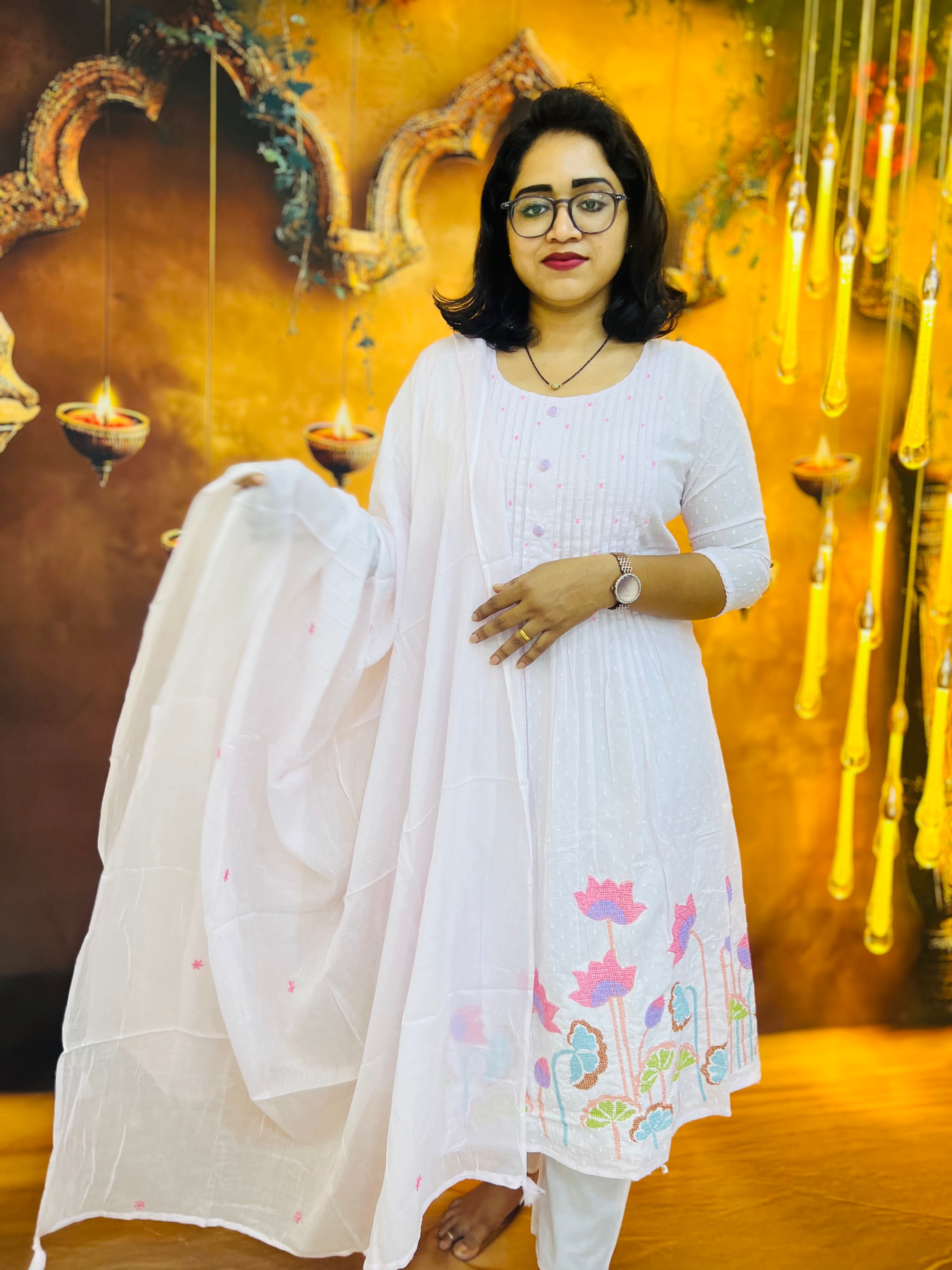 Elegant Baby Pink Lotus Embroidered Kurti Set