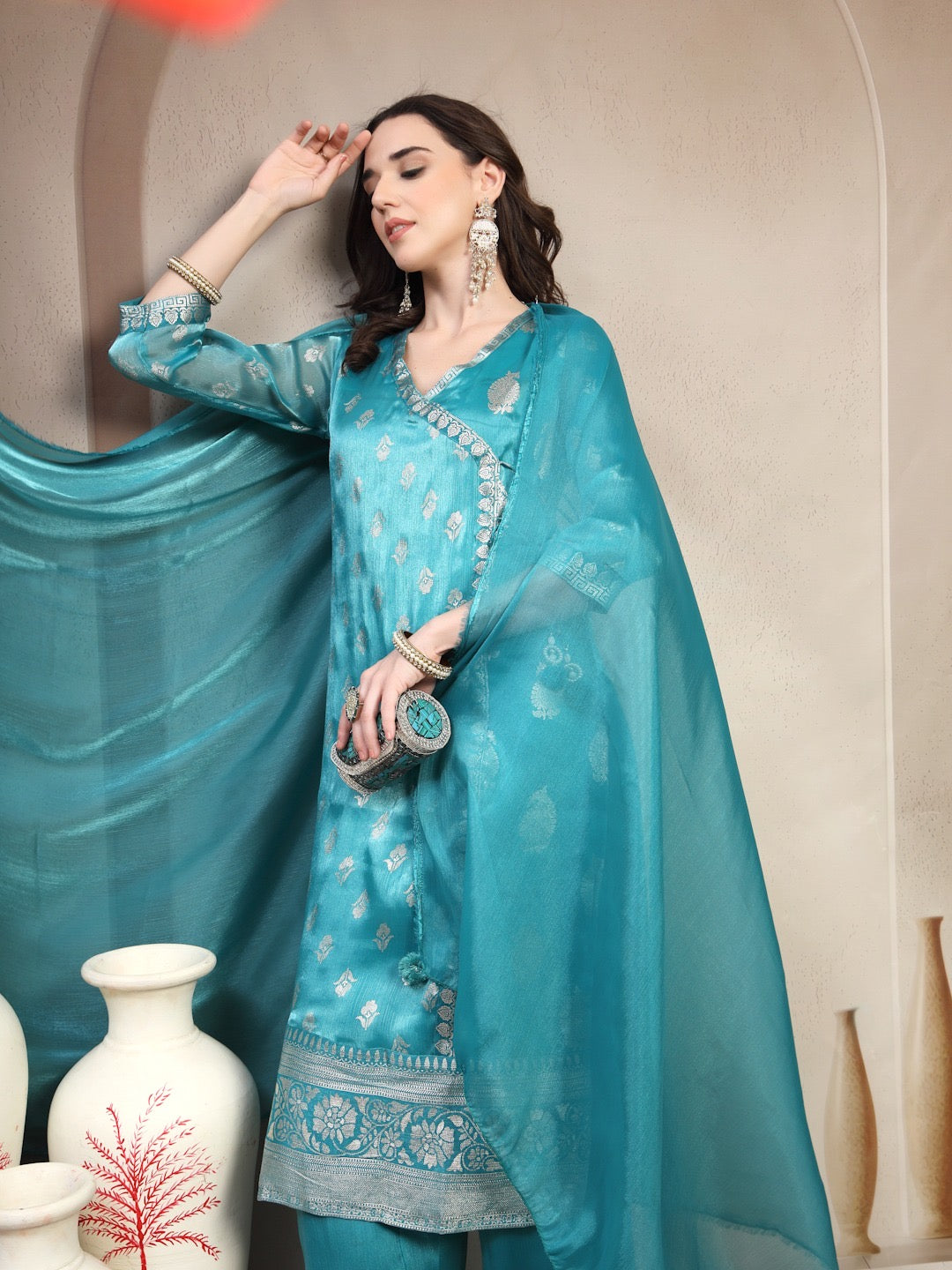 Teal Silk Brocade Suit Set with Dupatta